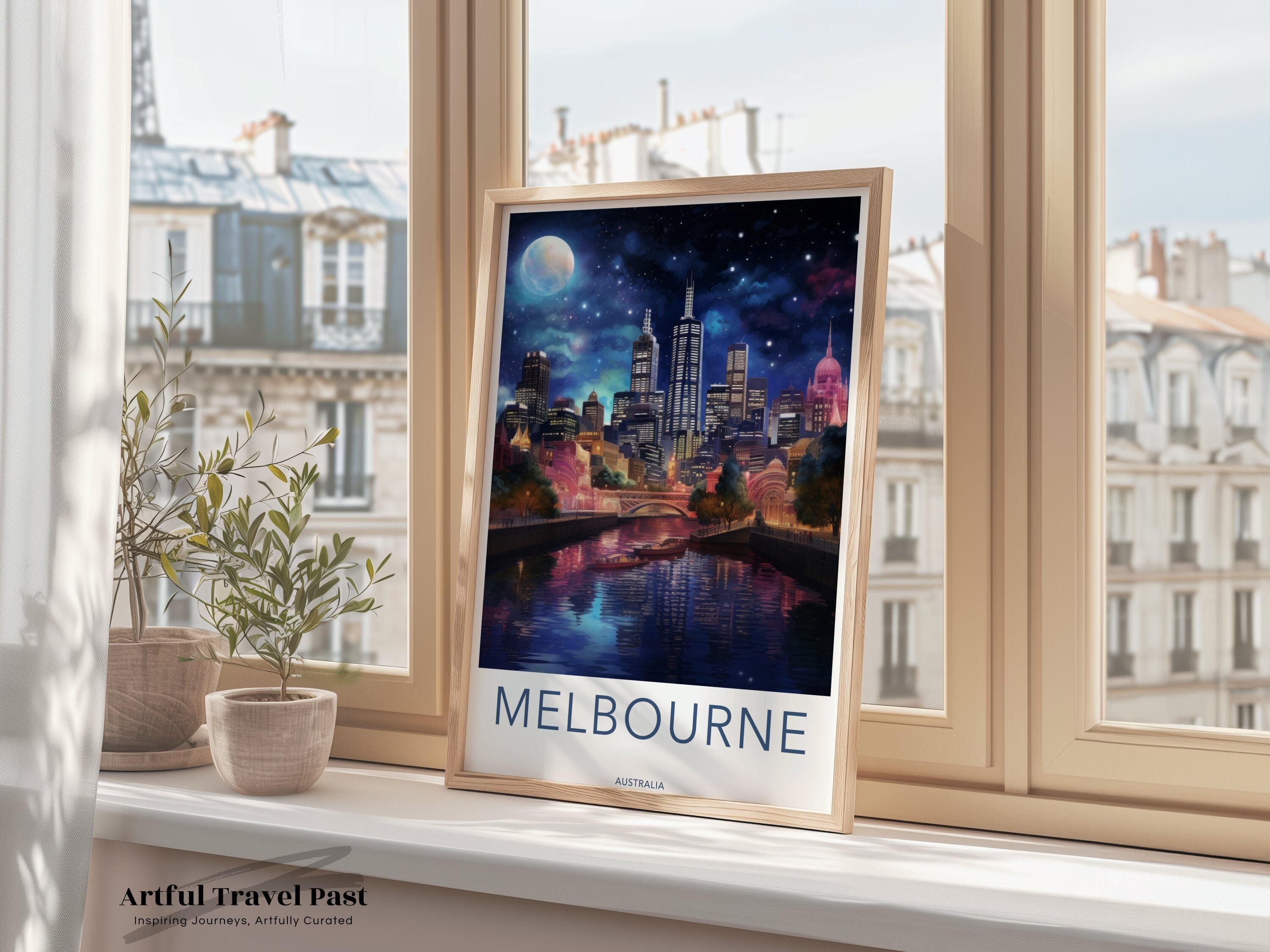 Melbourne Cityscape, Night Sky Wall Art, Moonlit Melbourne Print, Urban Skyline, Vibrant City Wall Decor, Artistic Melbourne Poster