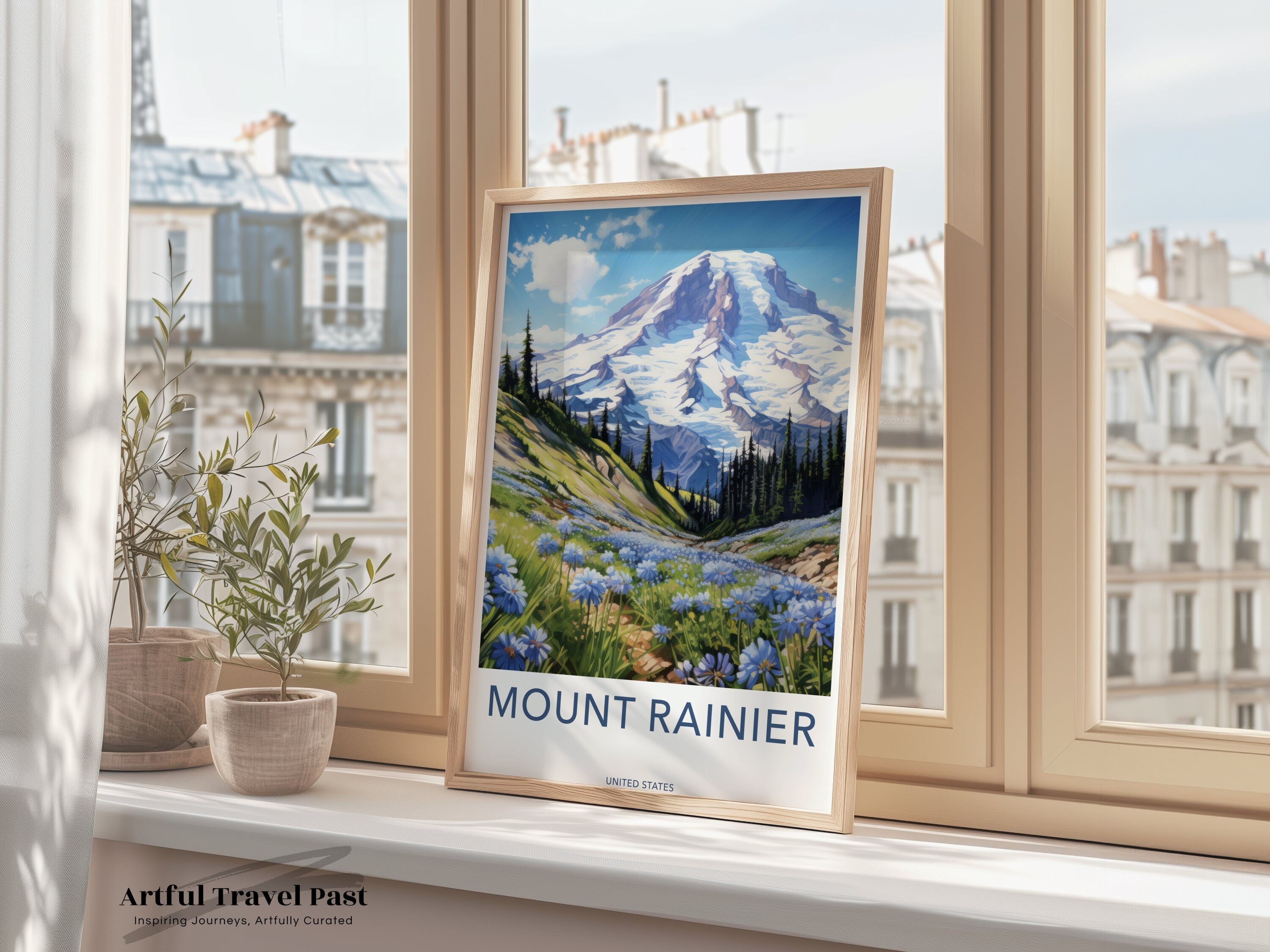 Mount Rainier Wall Art Print, Pacific Northwest Home Decor, Scenic Nature Landscape, Vintage Travel Poster, Mountain Wildflowers