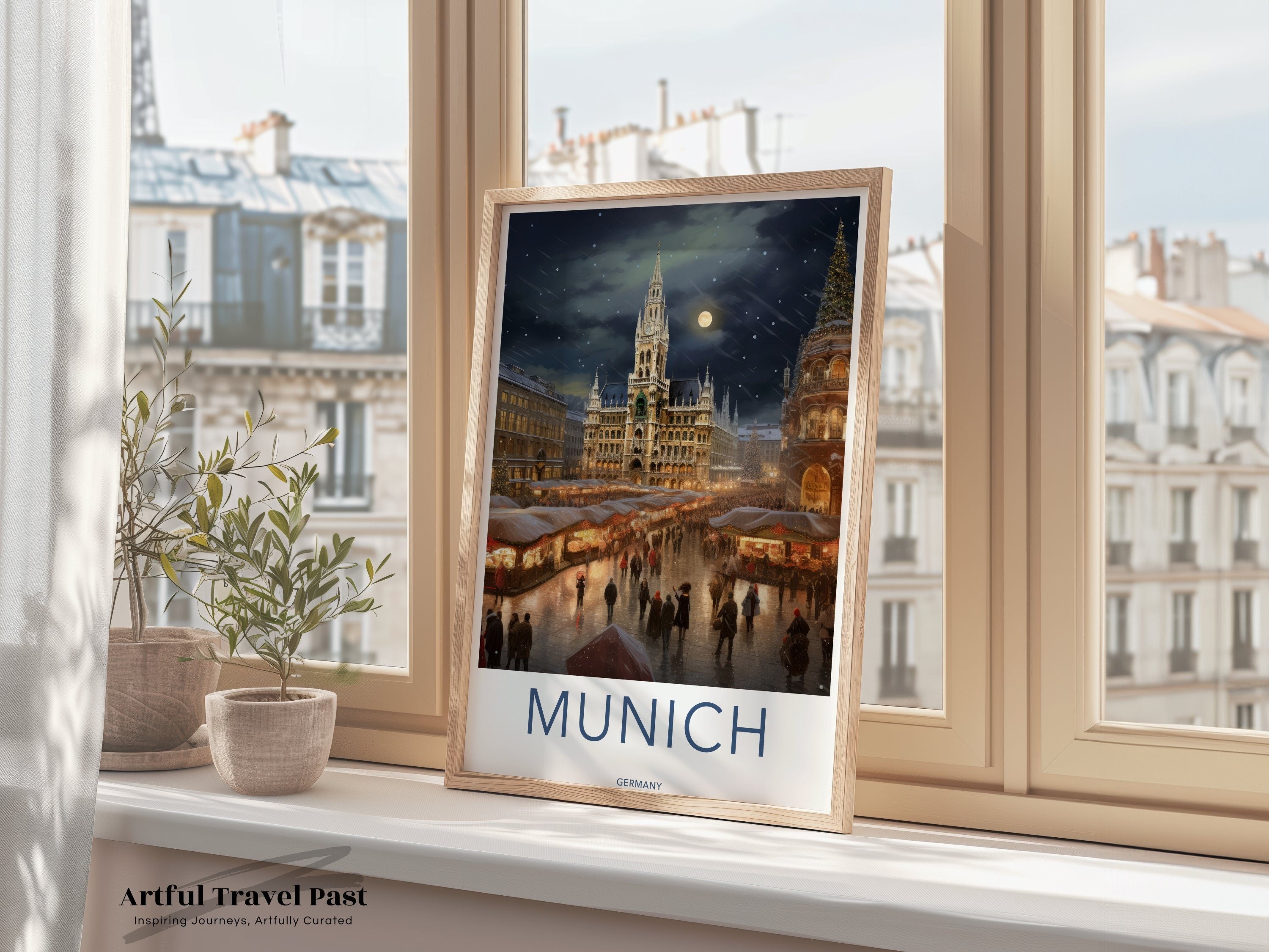 Munich Wall Art Print, Evening Christmas Market Scene, Gothic Architecture Canvas, Holiday Decor, Cityscape Painting, Germany Art