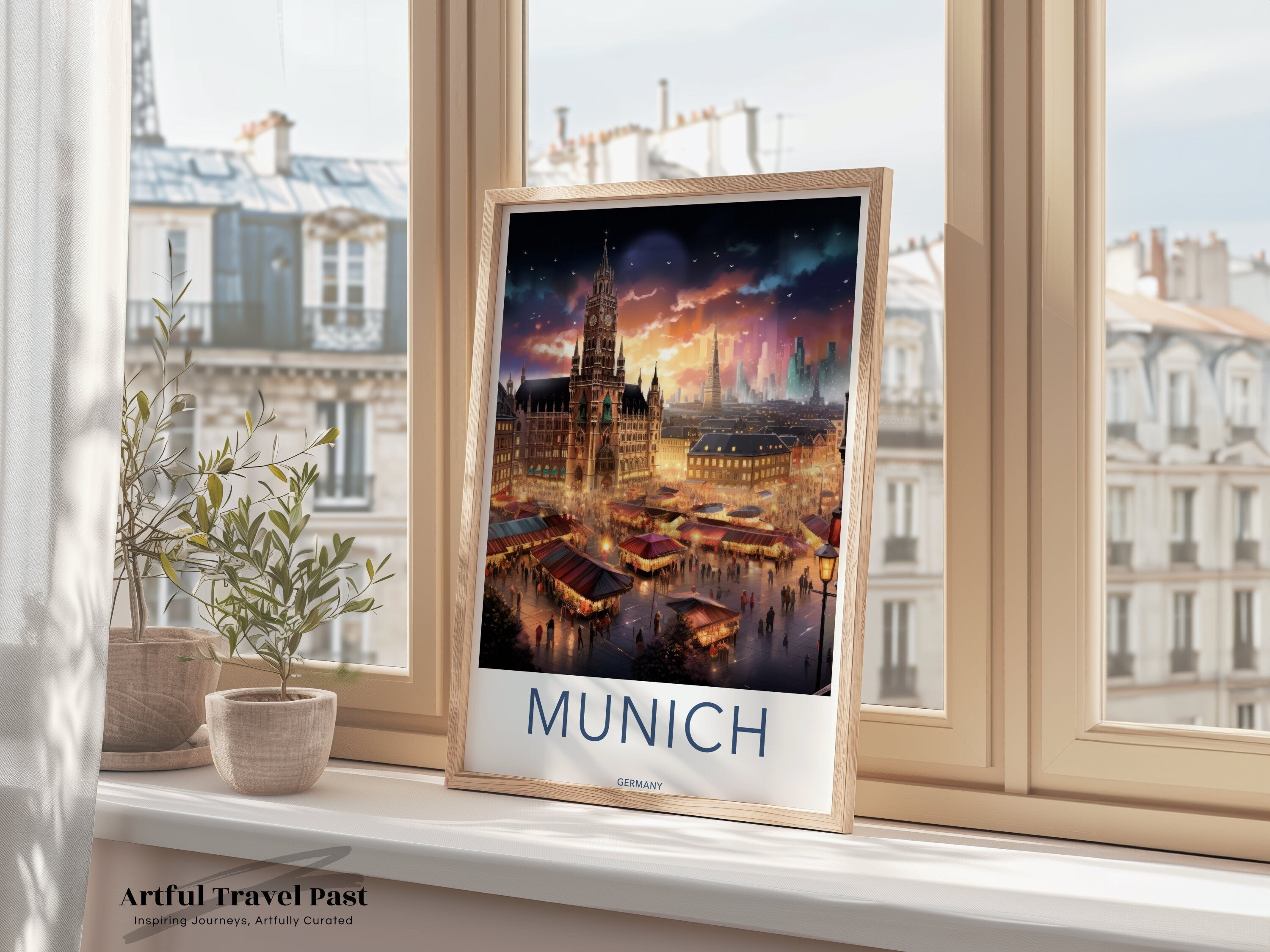 Munich Cityscape Wall Art, Historical Munich Architecture, Colorful Night Market Landscape, German Cultural Landmark, City Decor