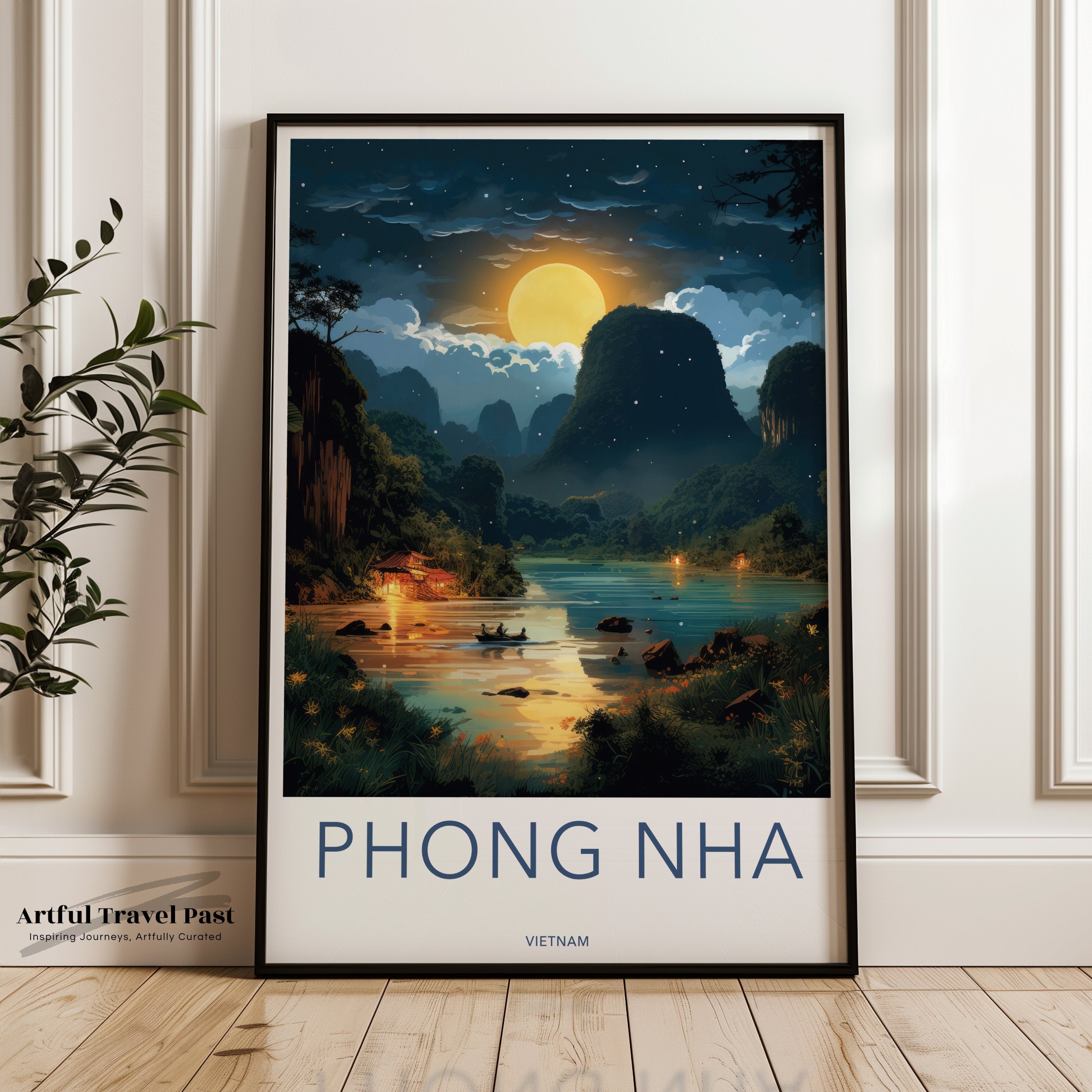 Phong Nha Vietnam Wall Art, Scenic Night Landscape Print, Full Moon Over River, Nature Decor, Vietnamese Cultural Landmark Poster