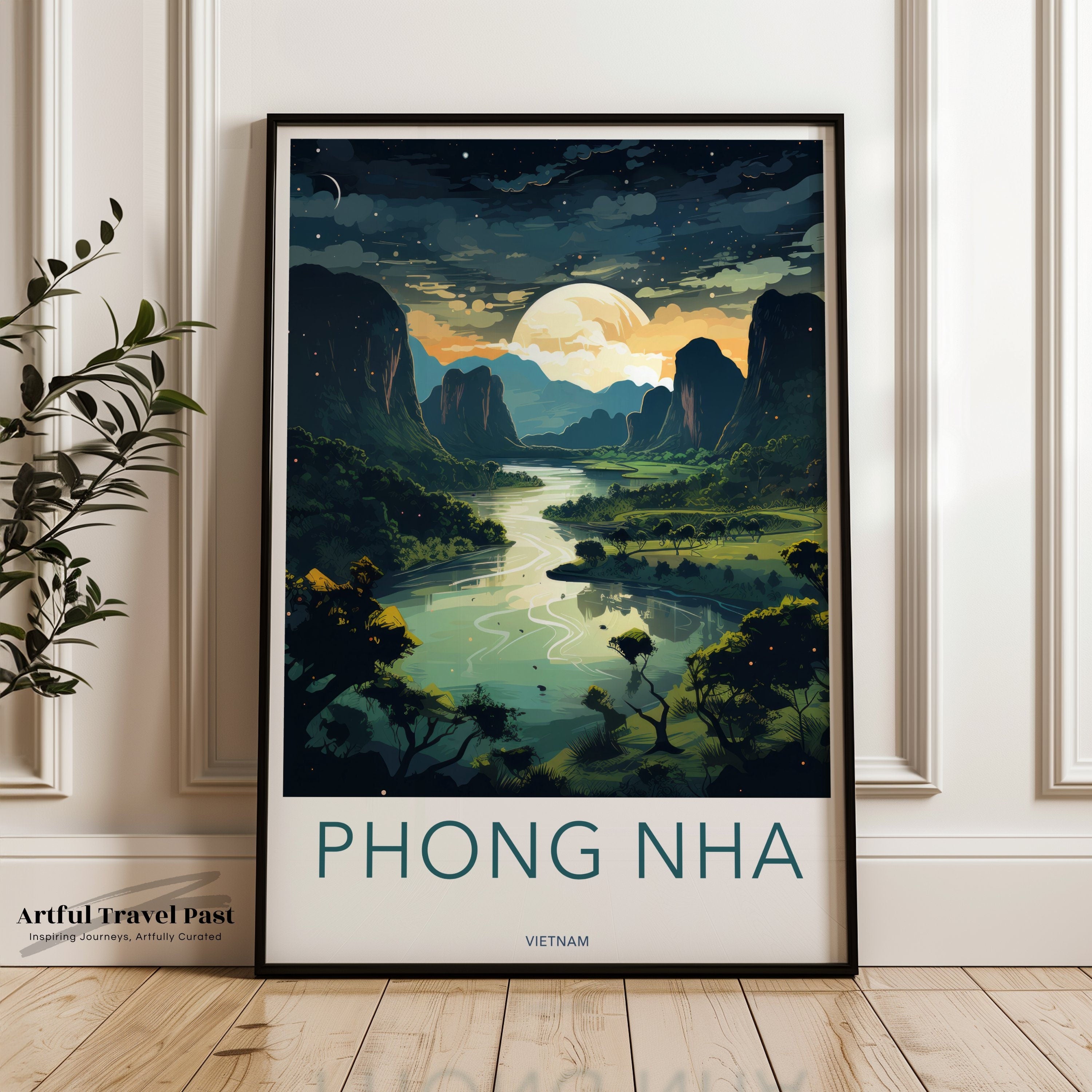 Phong Nha Wall Art, Scenic Landscape Poster, Moonlit Mountains Decor, Vietnam Travel Artwork, Nature Home Decoration, Cultural Landmarks