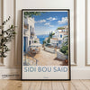 Sidi Bou Said Wall Art, Coastal Village Print, Mediterranean Street Scene, Tunisian Travel Poster, Blue and White Architecture Decor