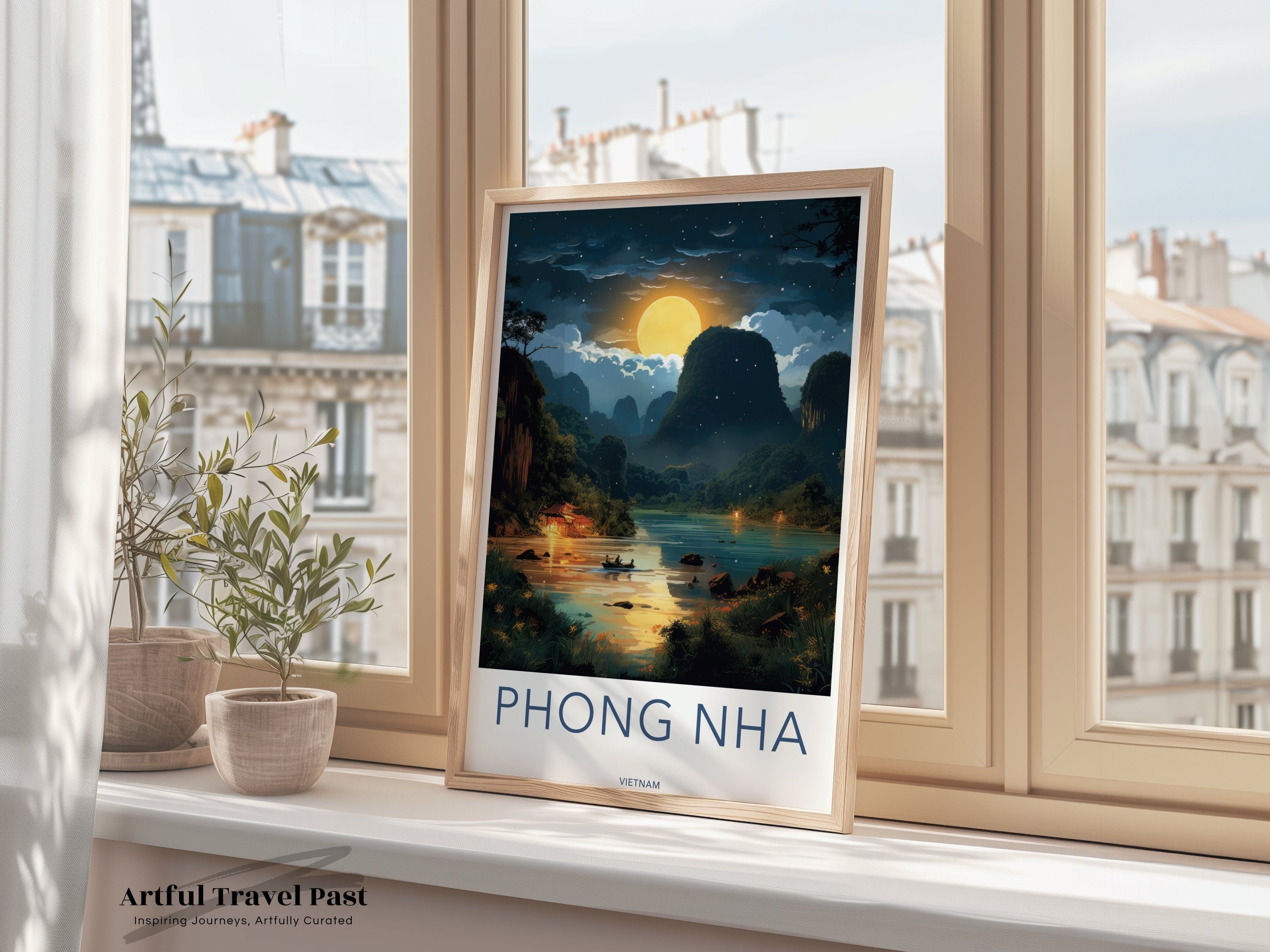 Phong Nha Vietnam Wall Art, Scenic Night Landscape Print, Full Moon Over River, Nature Decor, Vietnamese Cultural Landmark Poster