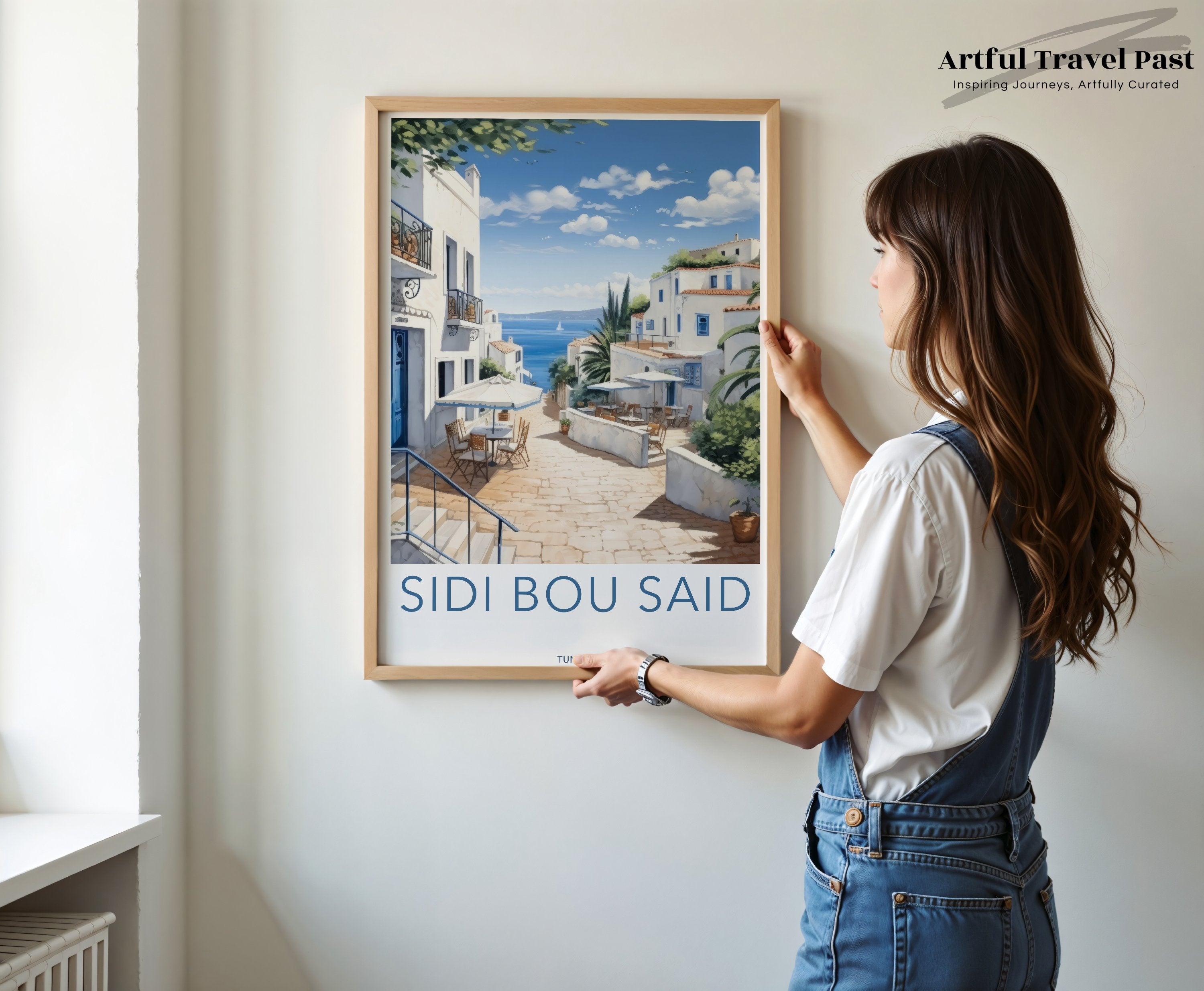 Sidi Bou Said Wall Art, Coastal Village Print, Mediterranean Street Scene, Tunisian Travel Poster, Blue and White Architecture Decor