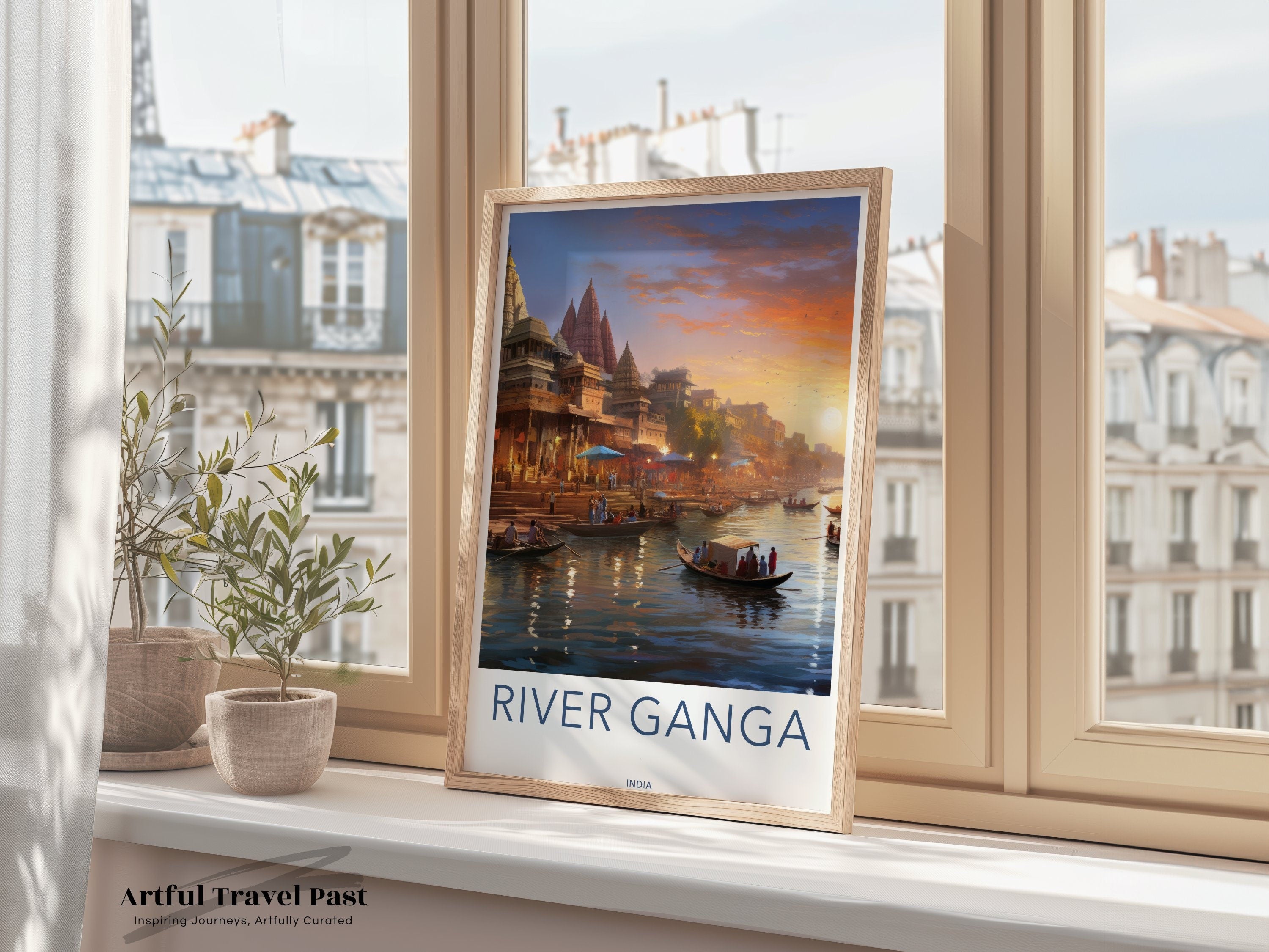 River Ganga Wall Art Print, Sunset View Over Ganges River, Indian Cultural Landmark, Historical Significance, Architectural Wonders