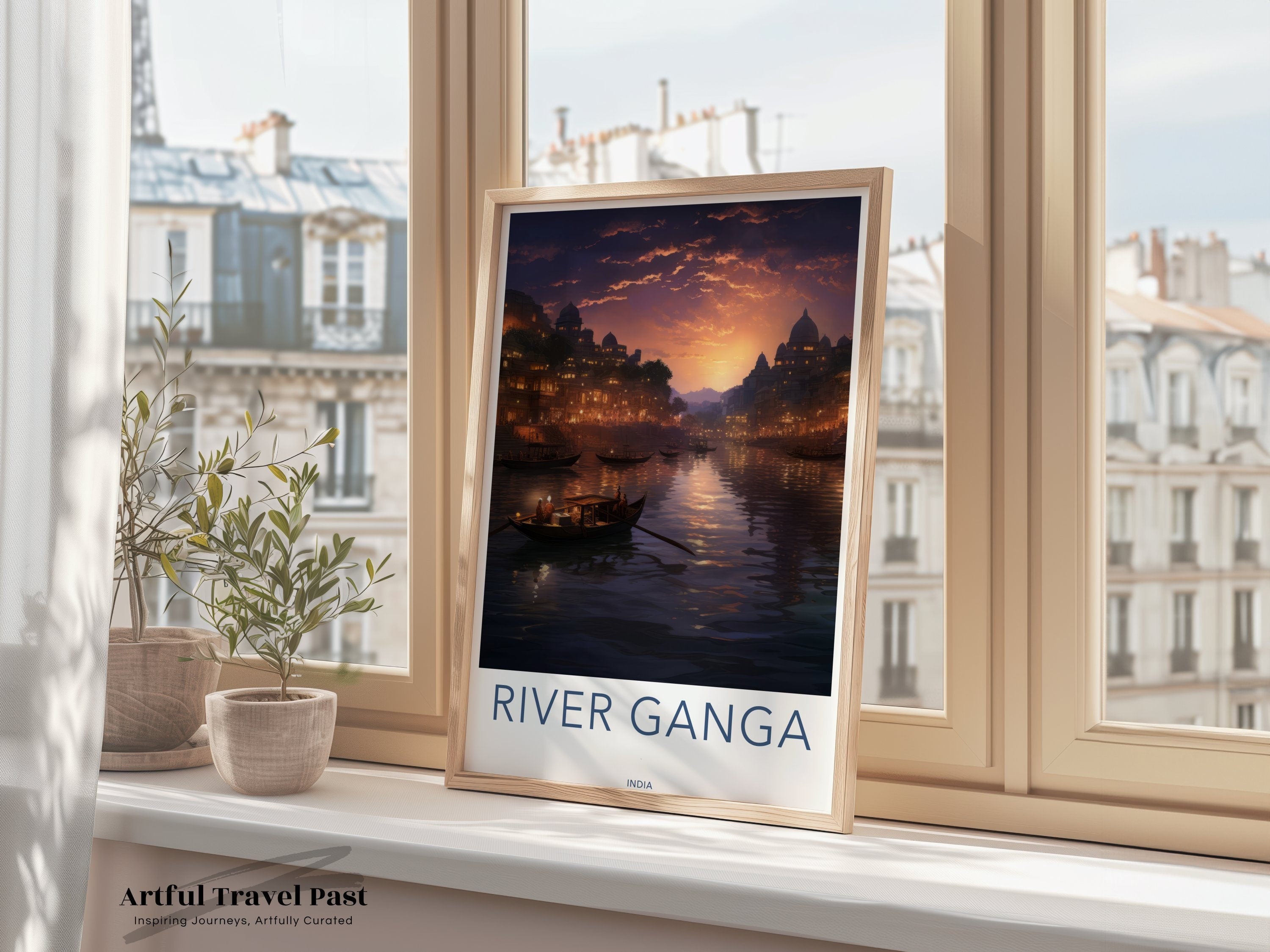 River Ganga Wall Art, India Scenic Poster, Cultural Landmark Decor, Historical River View, Sunset Landscape Print, Architectural Wonders