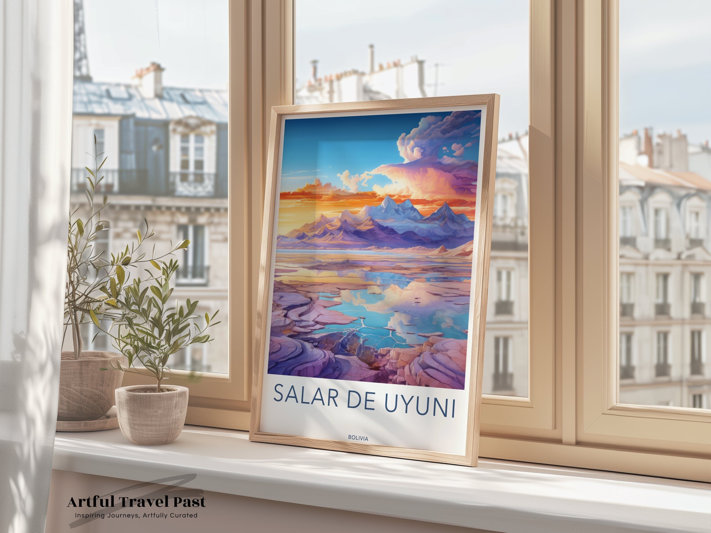 Salar de Uyuni Wall Art, Bolivia Travel Poster, Sunset Landscape Print, South American Decor, Scenic View Artwork, Nature Illustration