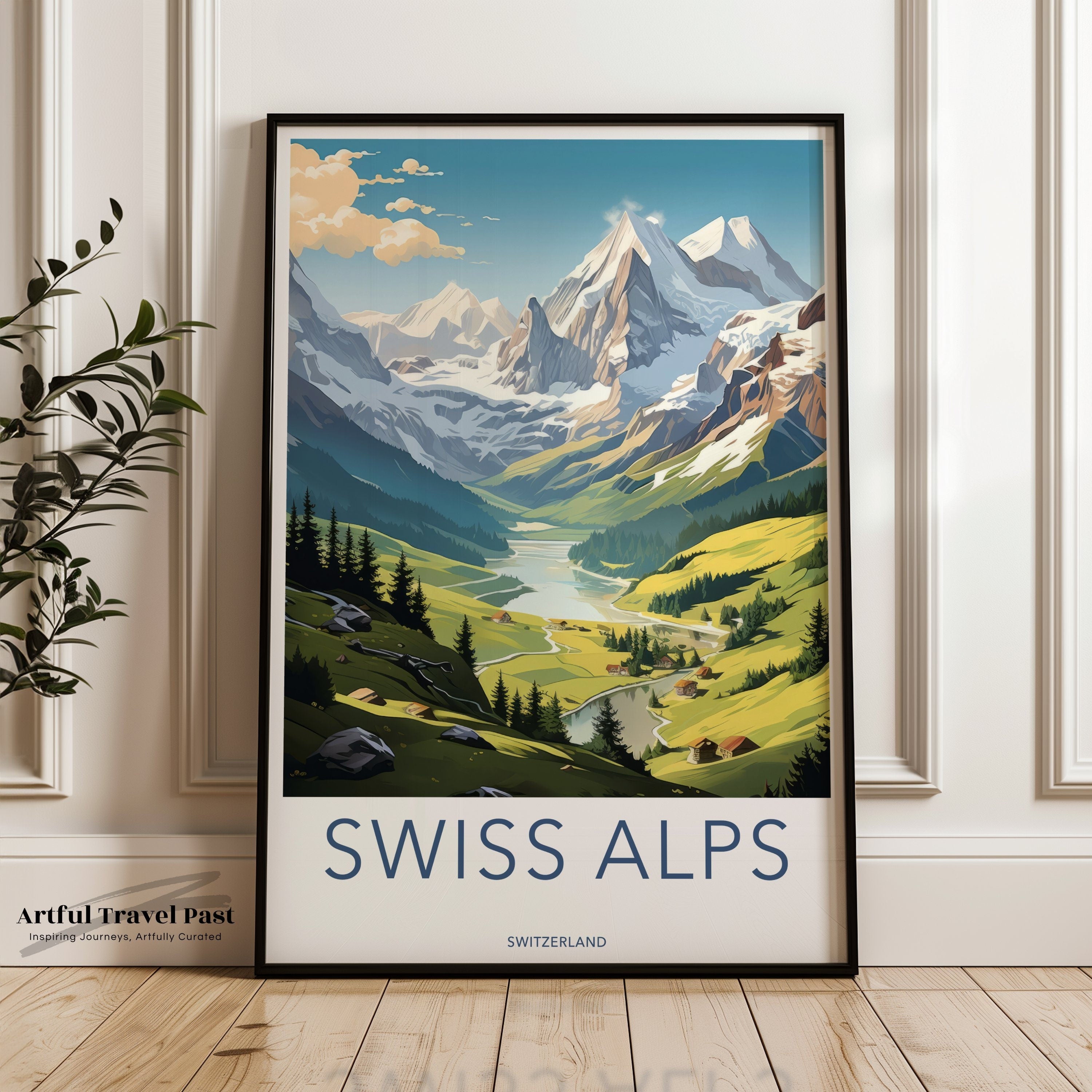 Swiss Alps Wall Art, Majestic Mountain Landscape Print, Picturesque Nature Poster, Snow-Capped Peaks, Tranquil Valley Scene