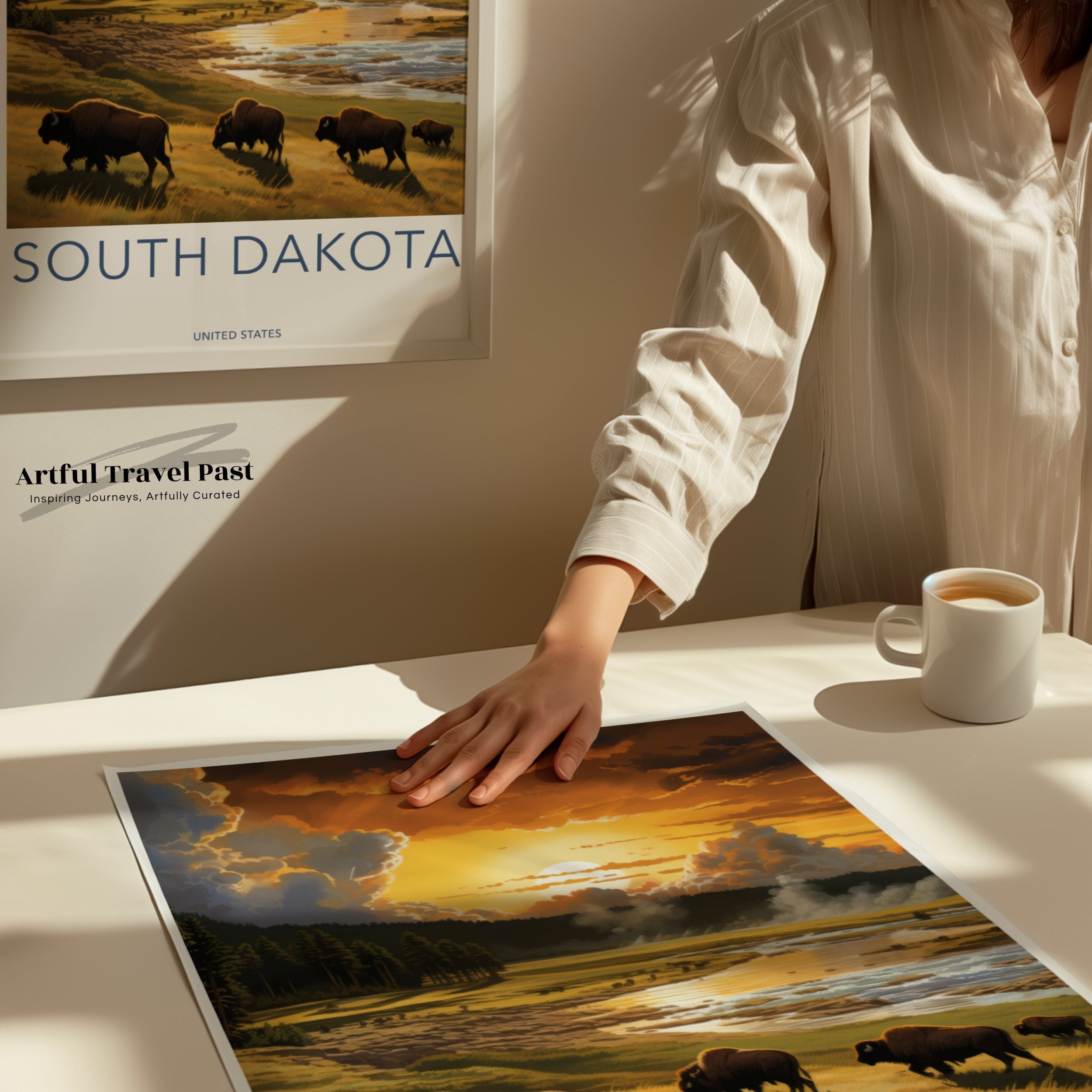 South Dakota Wall Art, Beautiful Landscape Poster, Nature Bison at Sunset, Scenic South Dakota Wildlife Print, United States Art