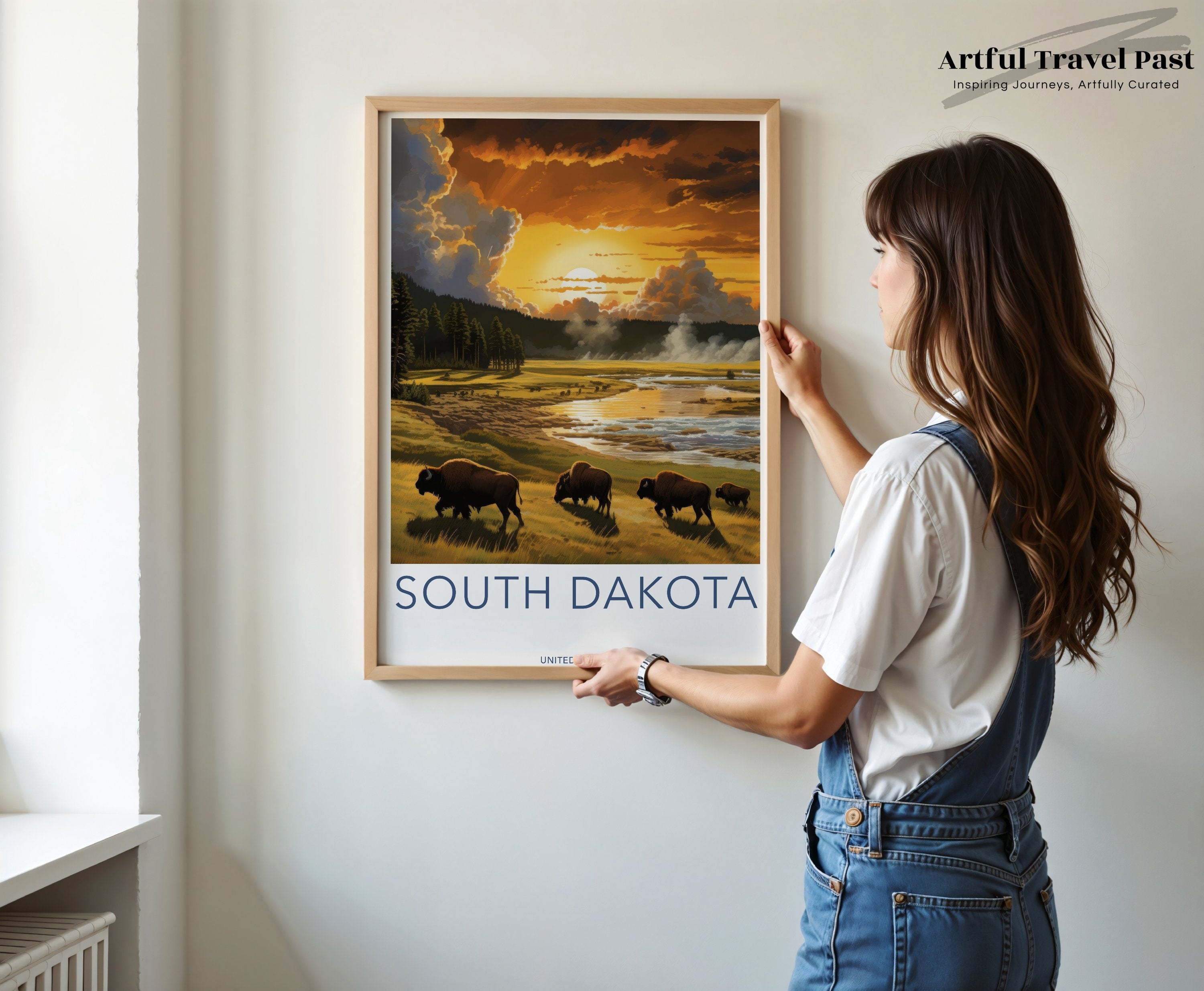 South Dakota Wall Art, Beautiful Landscape Poster, Nature Bison at Sunset, Scenic South Dakota Wildlife Print, United States Art