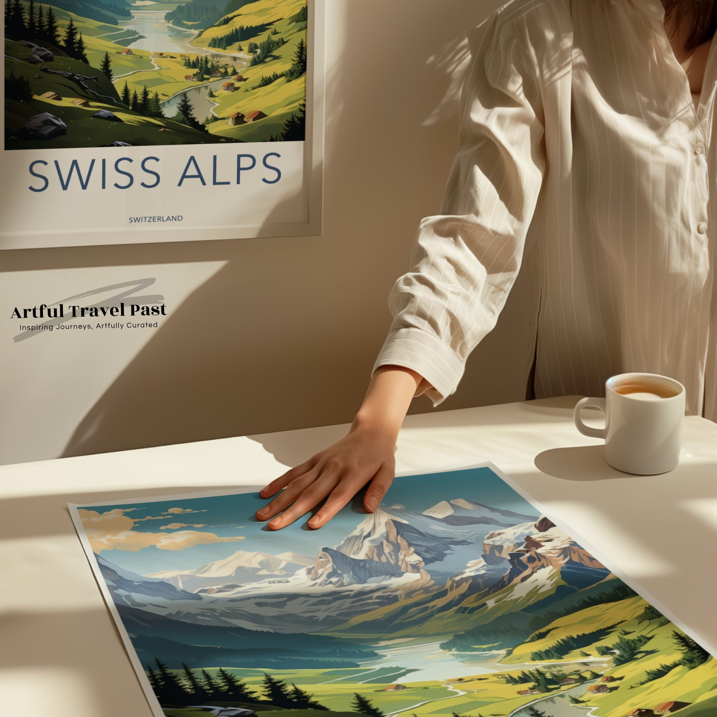 Swiss Alps Wall Art, Majestic Mountain Landscape Print, Picturesque Nature Poster, Snow-Capped Peaks, Tranquil Valley Scene