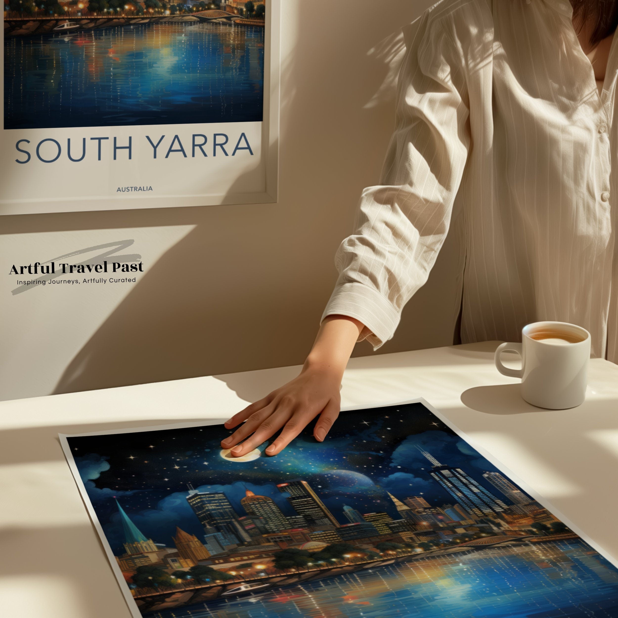 South Yarra Melbourne Wall Art Print, Melbourne City Nightscape Poster, Beautiful Moonlit Skyline Art, Water Reflection Decor