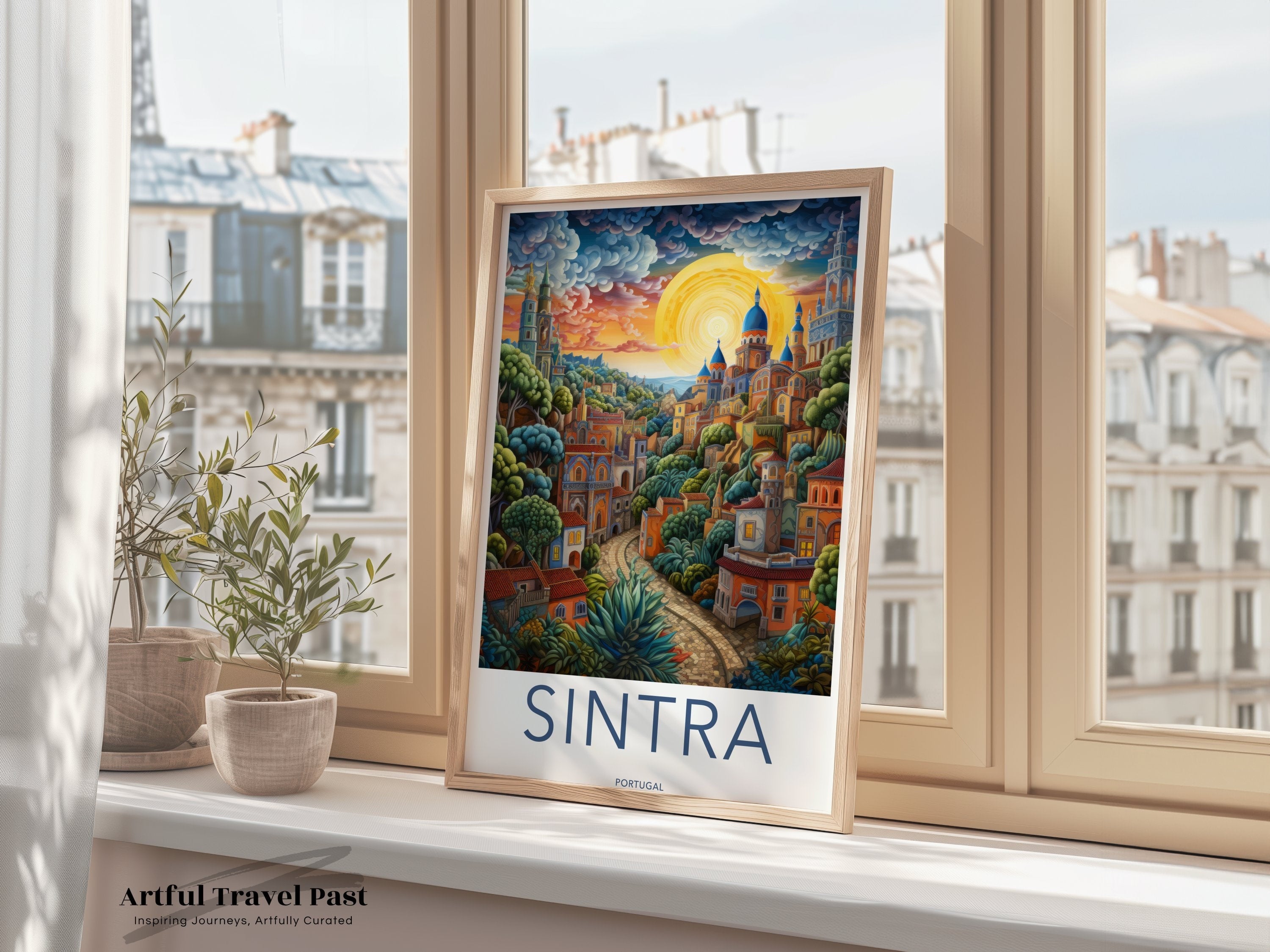 Sintra Portugal Wall Art, Sunset Landscape Painting, Historical Town Print, Vibrant Artistic Decor, Cultural Architecture Poster