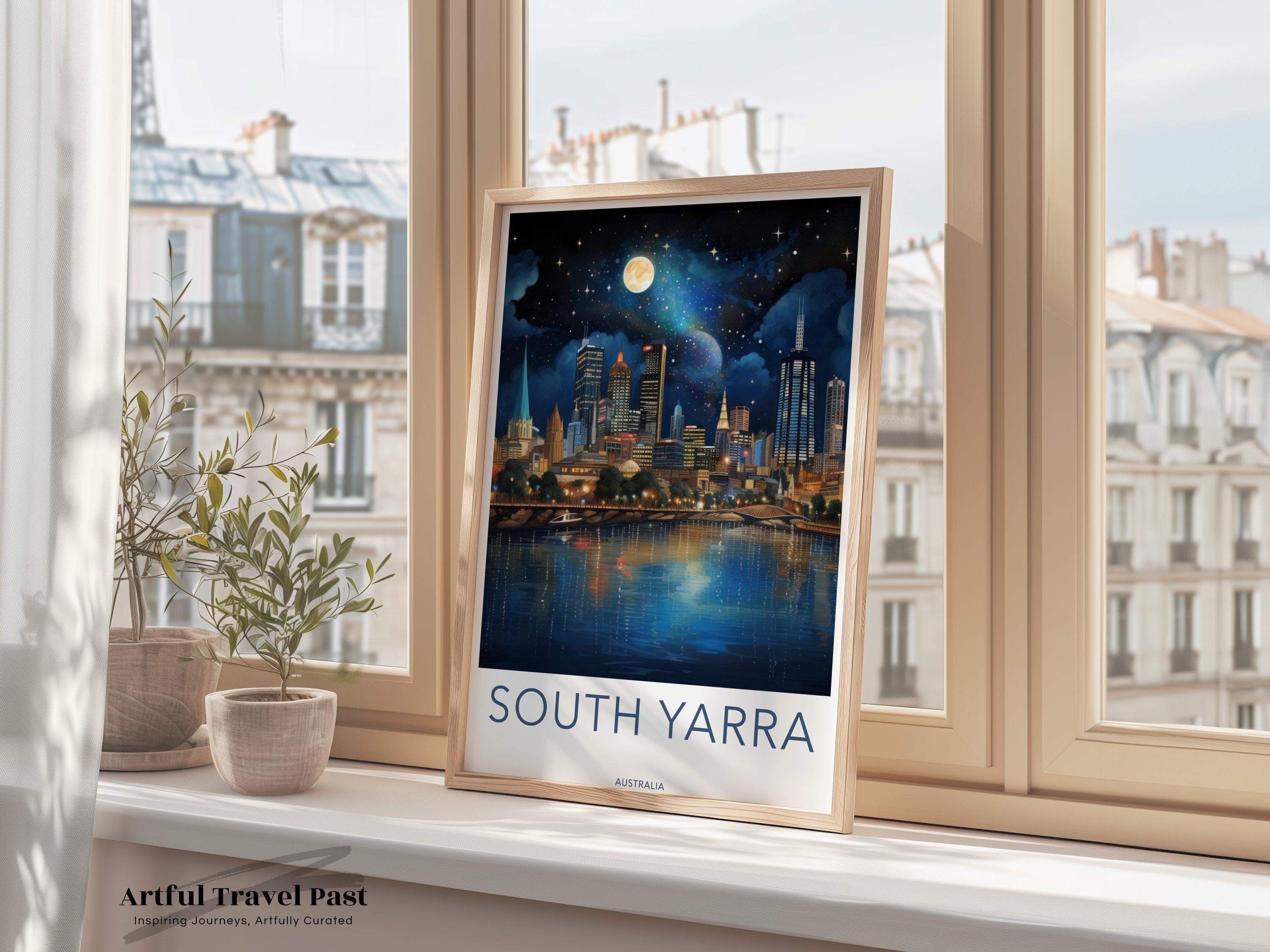 South Yarra Melbourne Wall Art Print, Melbourne City Nightscape Poster, Beautiful Moonlit Skyline Art, Water Reflection Decor