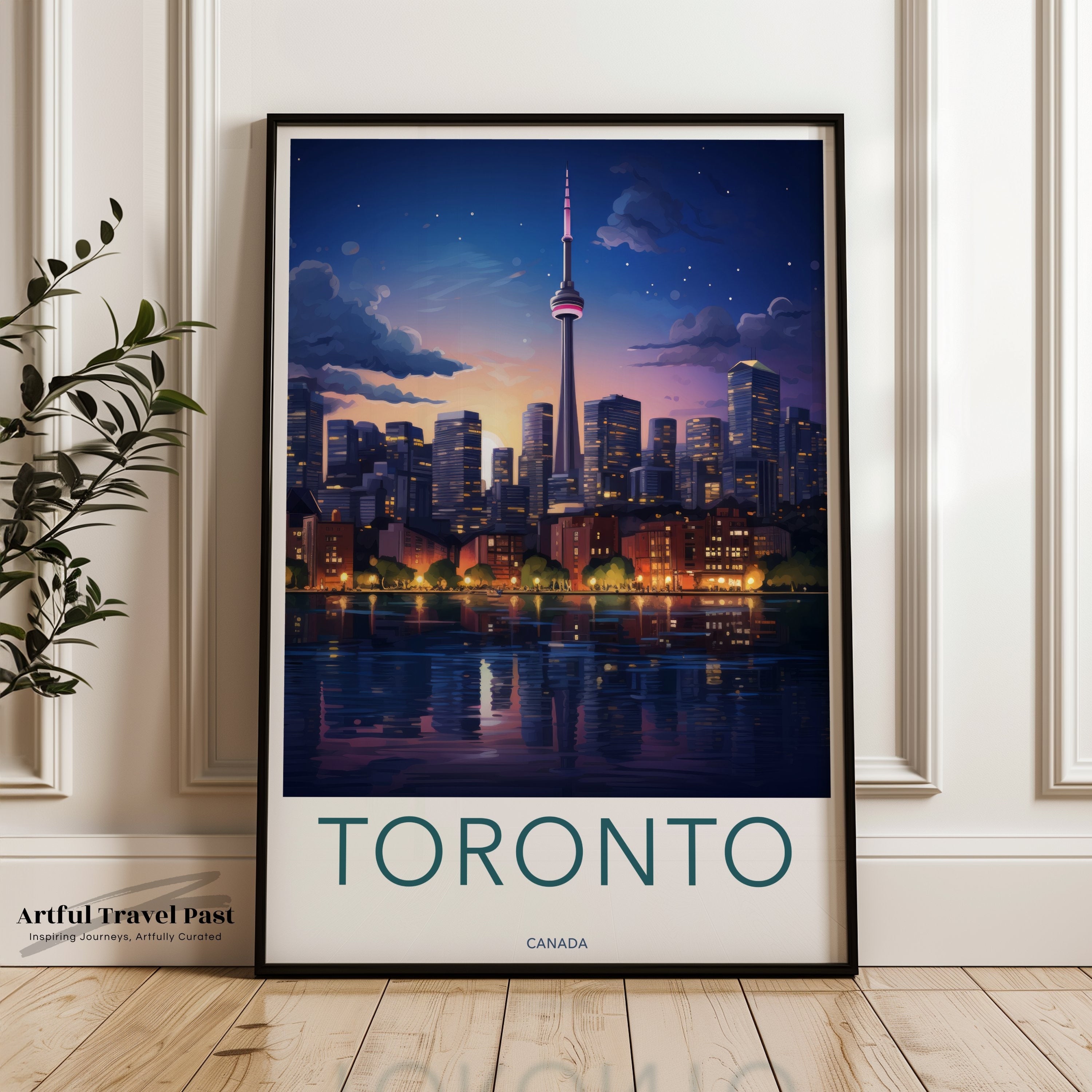 Toronto Cityscape Skyline, CN Tower, Night View, Urban Landscape, City Lights, Reflective Water, Wall Art Print, Canada Decor