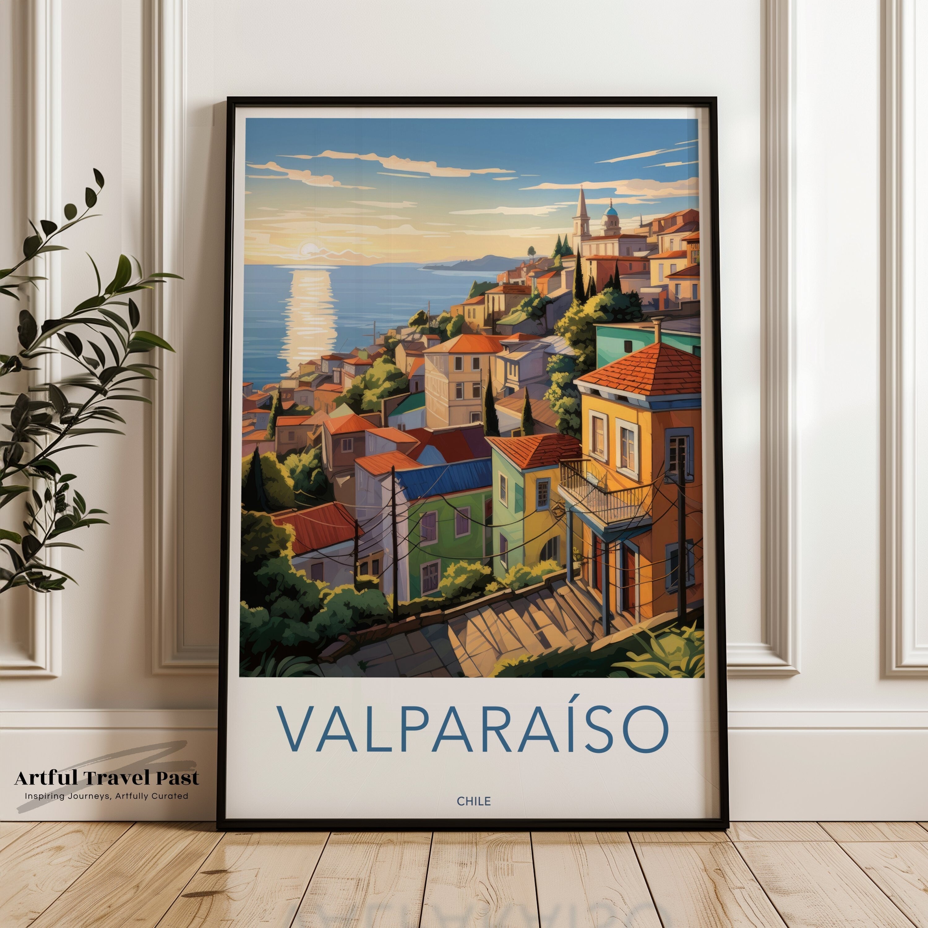 Valparaiso Wall Art, Sunset Coastal Cityscape Art Print, Colorful Houses Illustration, Chilean Seaside Decor, Latin America Poster