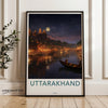 Uttarakhand Night Sky Wall Art, Moonlit River Scene, Mystical Indian Cityscape, Atmospheric Artwork, Cultural Landmark Decor