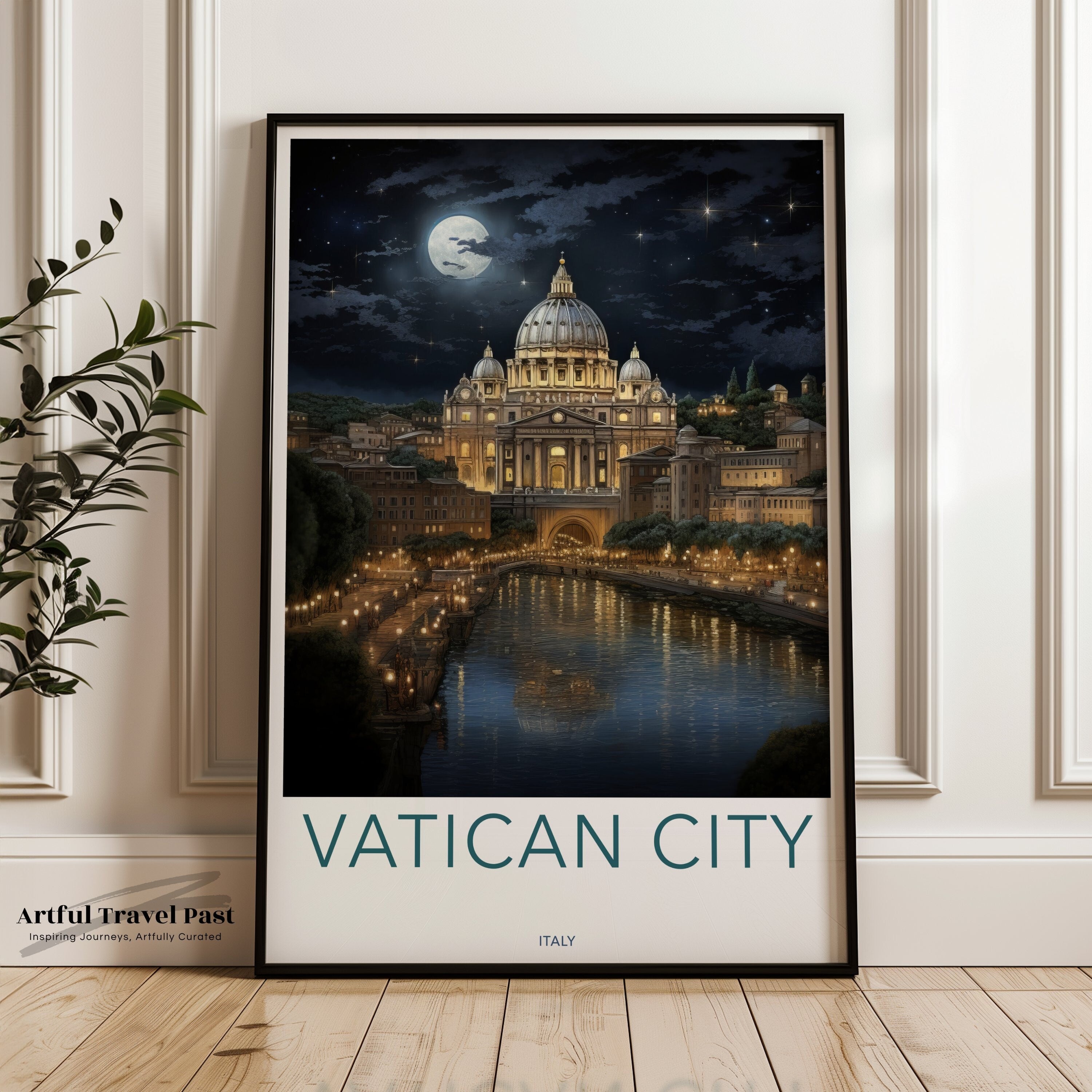 Vatican City Wall Art, Night Scenery, Moonlit St. Peter's Basilica, Historic Architecture, River View, Italian Landmark Print