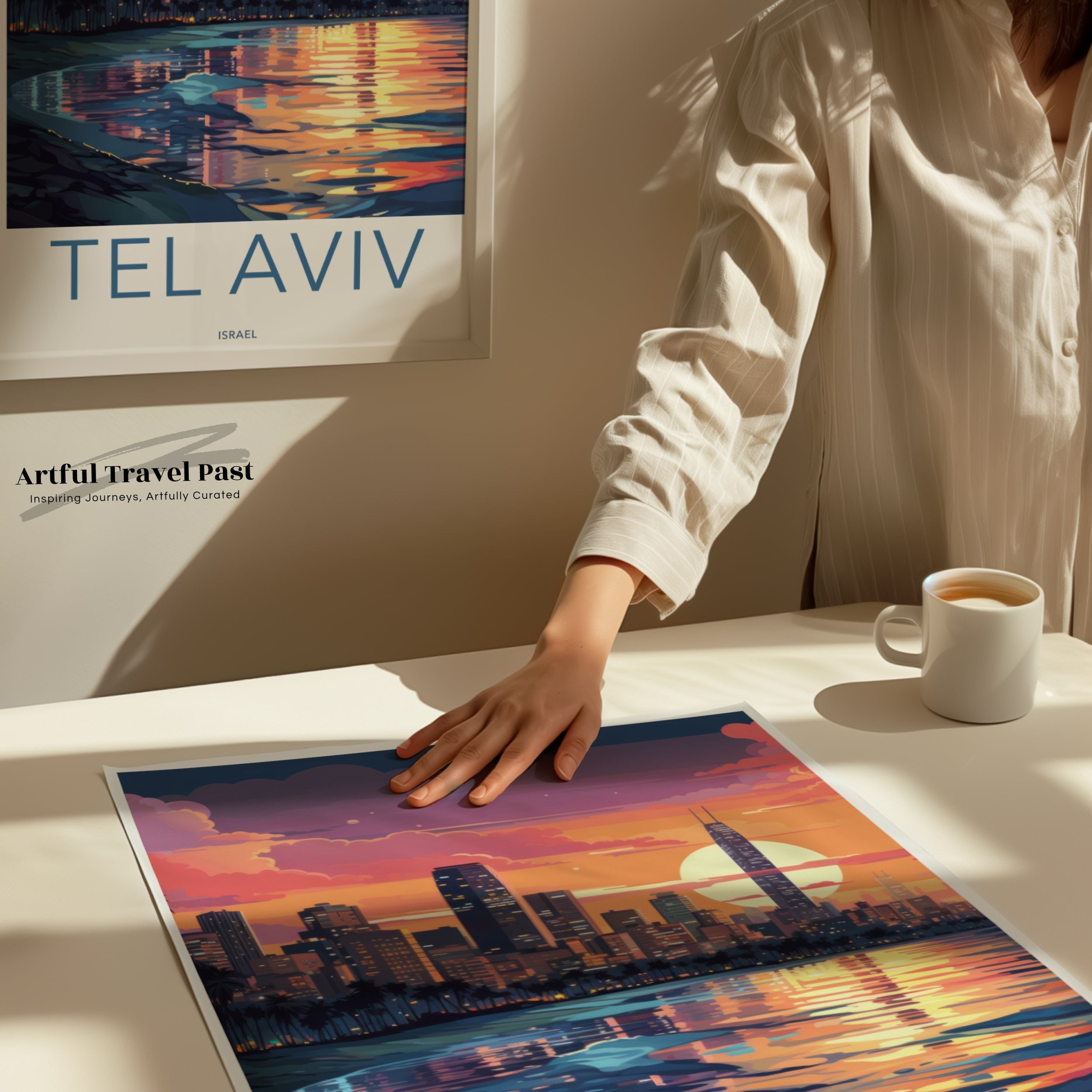 Tel Aviv Sunset Skyline Wall Art, Coastal Cityscape Print, Modern City Sunset Poster, Urban Landscape Artwork for Home Decor