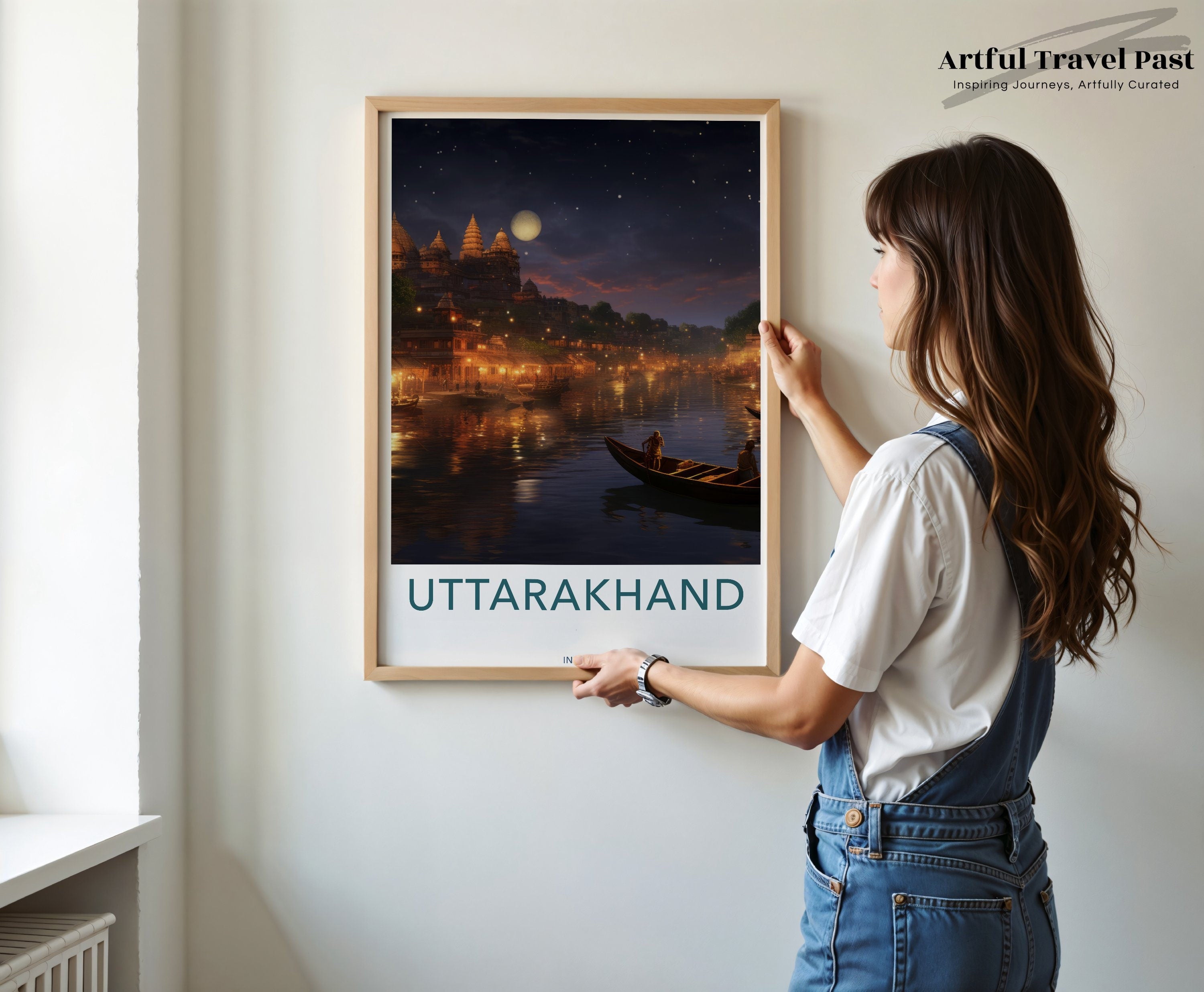 Uttarakhand Night Sky Wall Art, Moonlit River Scene, Mystical Indian Cityscape, Atmospheric Artwork, Cultural Landmark Decor