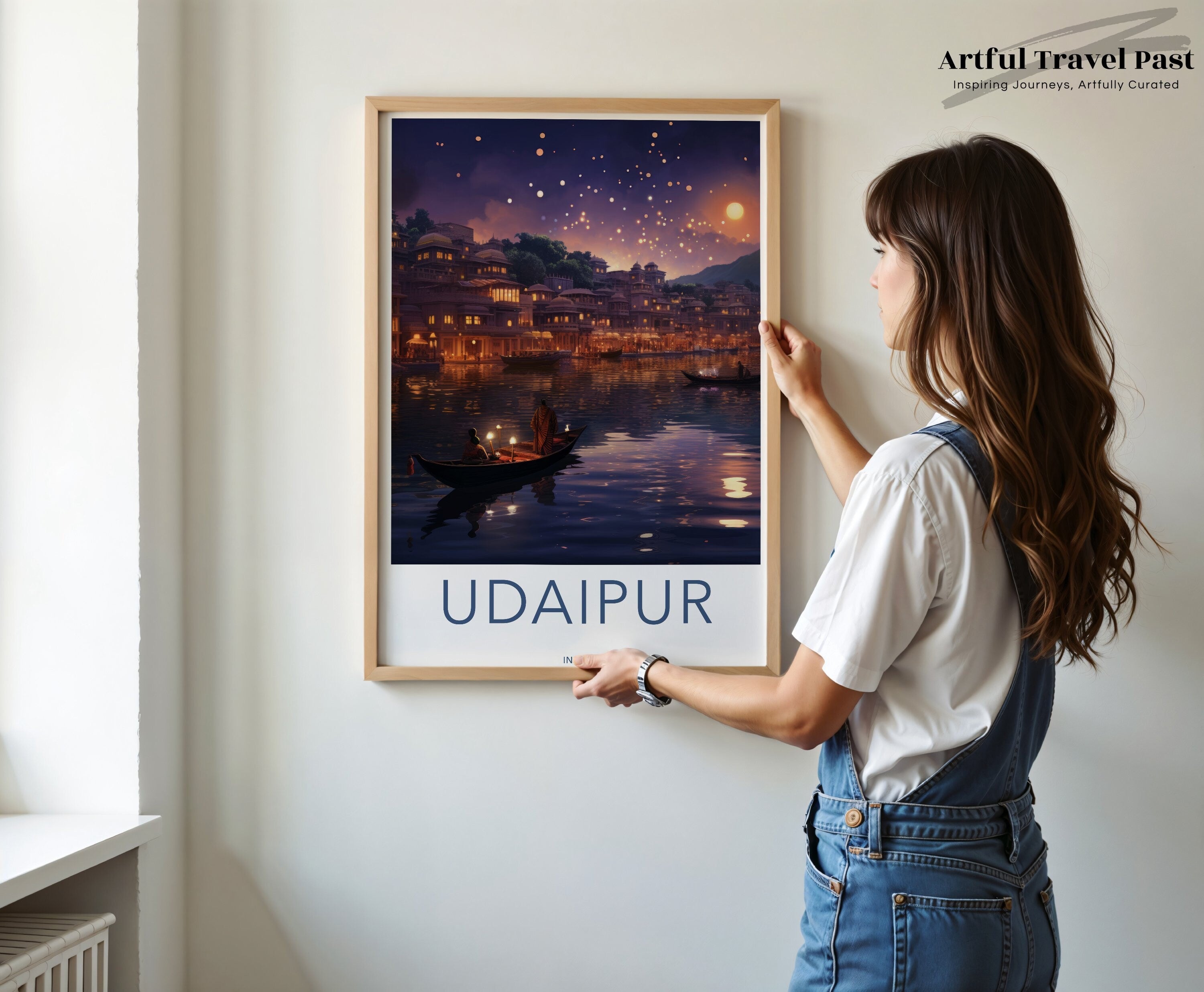 Udaipur Wall Art, Sunset Boat Scene, Udaipur Lake Art, Indian Cityscape, Nighttime Udaipur Decor, Cultural India Poster