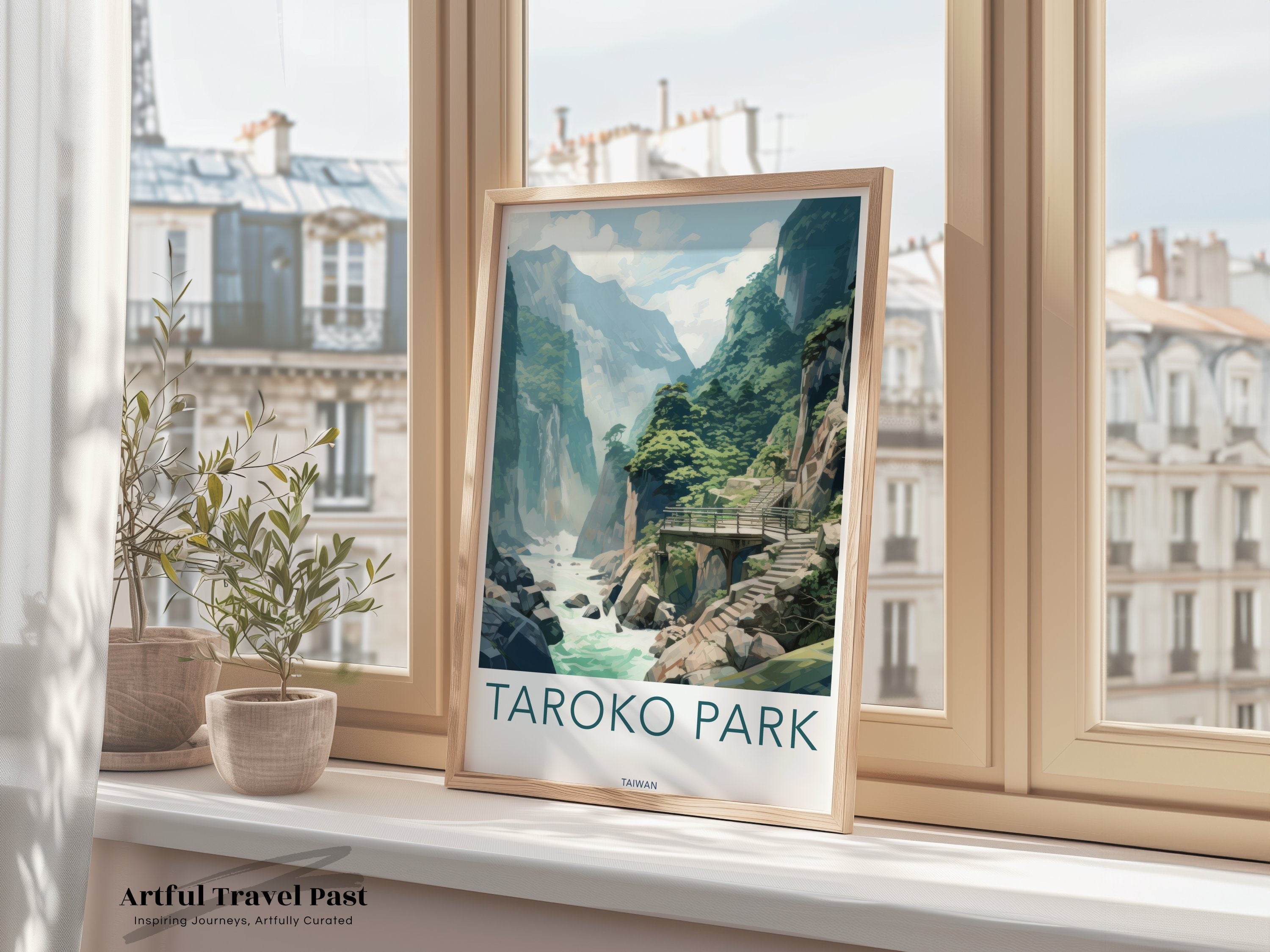 Taroko Park Wall Art, Beautiful Nature Landscape, Taiwan Mountain River Illustration, Scenic Outdoor Decor, Travel Poster