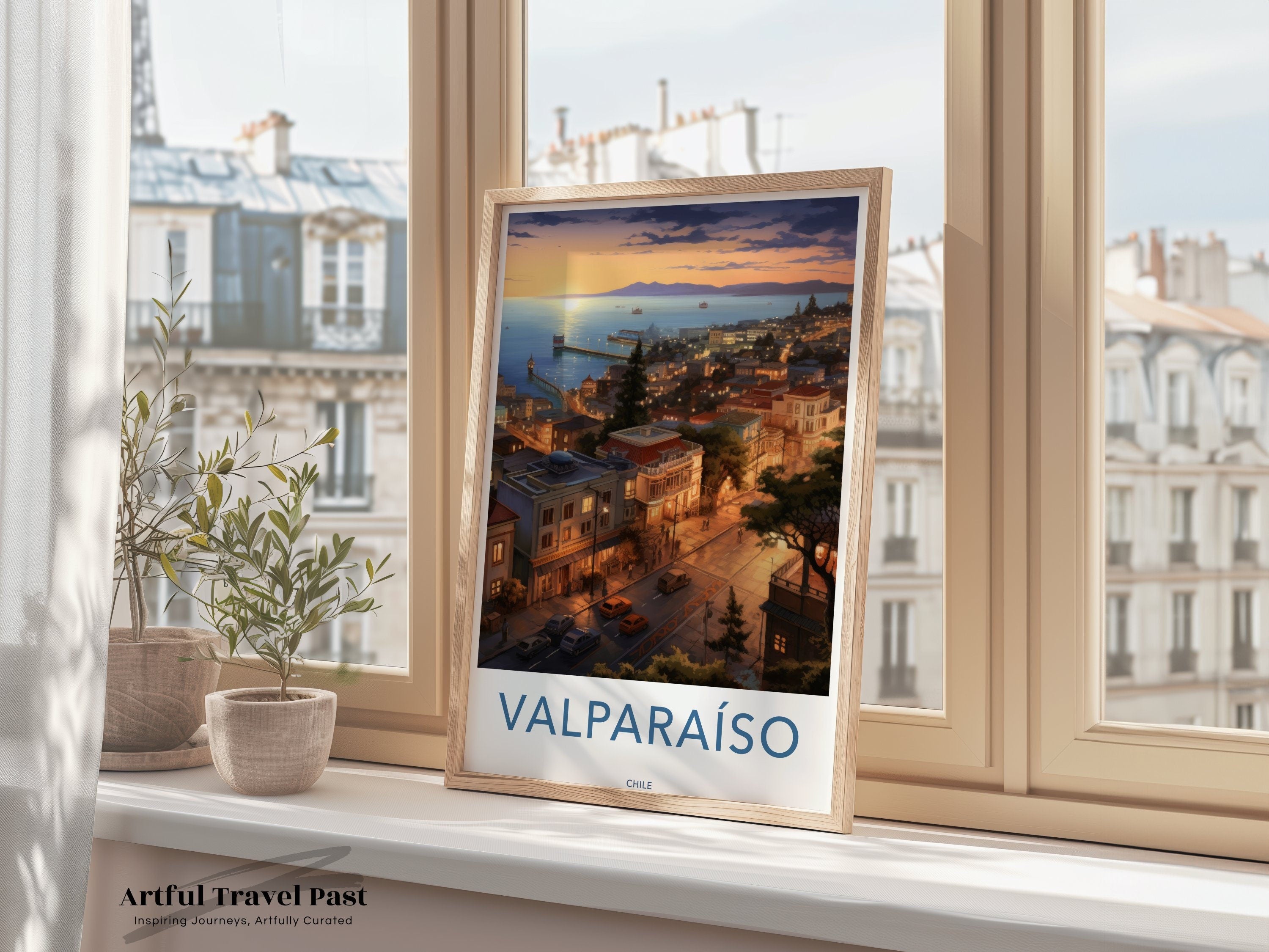 Valparaiso Chile Wall Art, Sunset Cityscape Print, Coastal Town Artwork, Architecture and Seaside View, Urban Art Decor