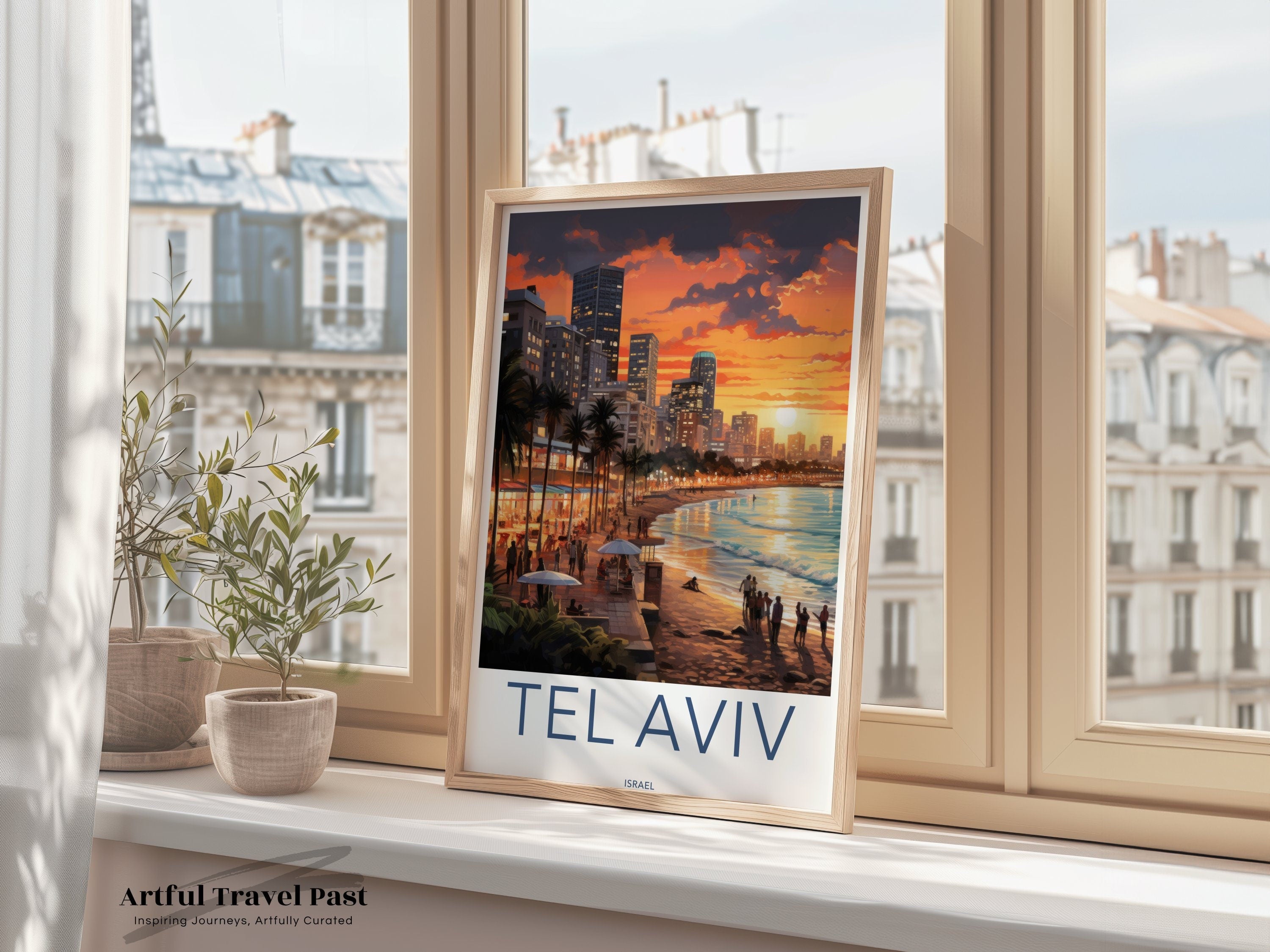 Tel Aviv Sunset Skyline Wall Art, Cityscape Canvas Print, Beachfront Decor, Modern Urban Art, Israel Travel Poster, Vibrant Home Decor