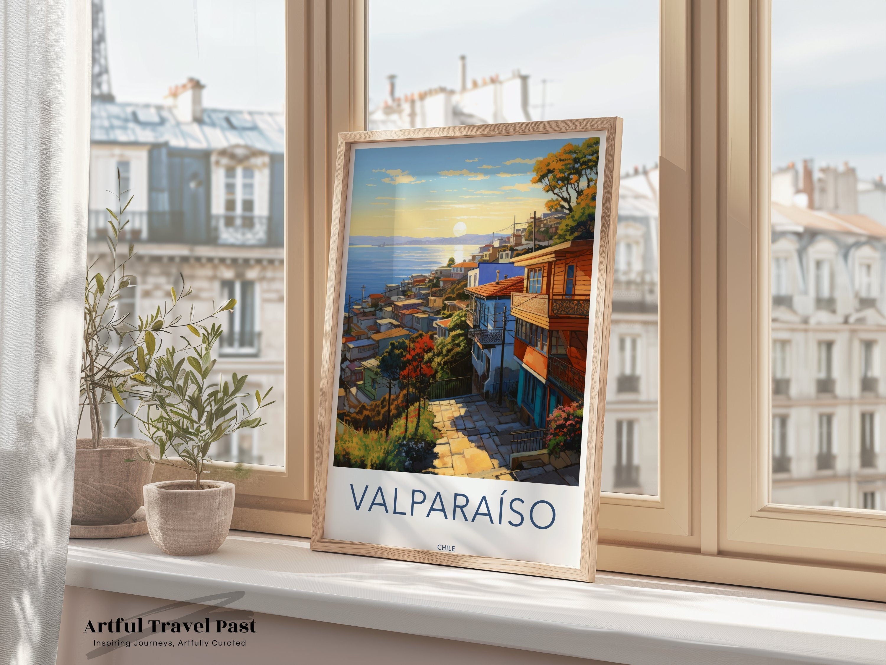 Valparaiso Chile Wall Art, Sunset Over Colorful Hillside Houses, Cultural Cityscape Print, Coastal Decor Painting, Travel Poster