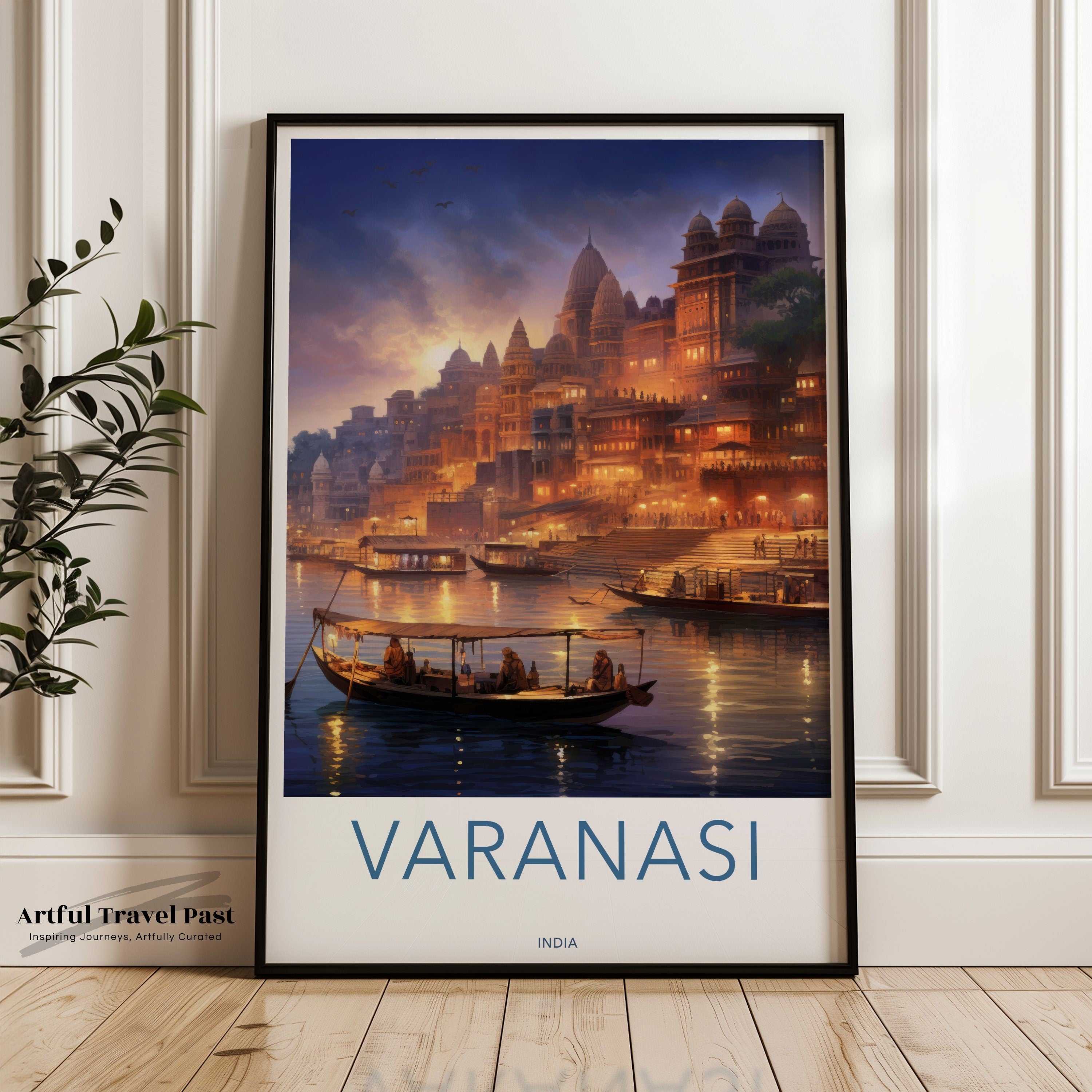 Varanasi Cityscape Wall Art, Sunset on Ganges, Ancient Temples Print, Indian Cultural Landmarks, Illuminated Waterfront Poster