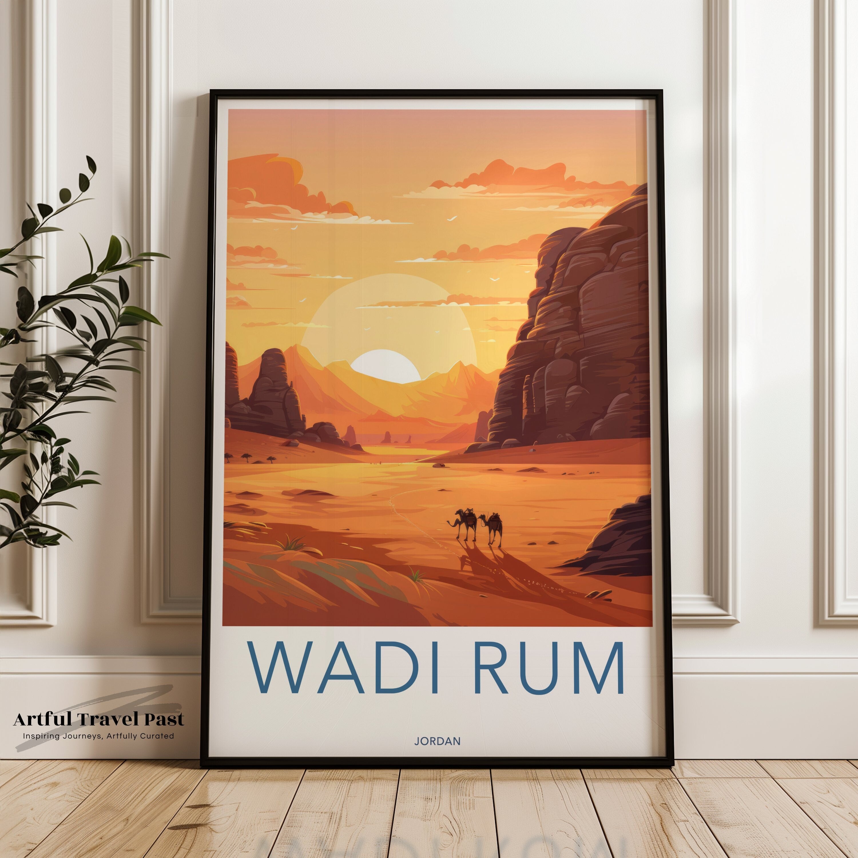 Wadi Rum Wall Art, Scenic Desert Landscape, Sunset Camel Scene, Boho Decor, Travel Poster, Vintage Style Artwork, Jordan Inspired Art