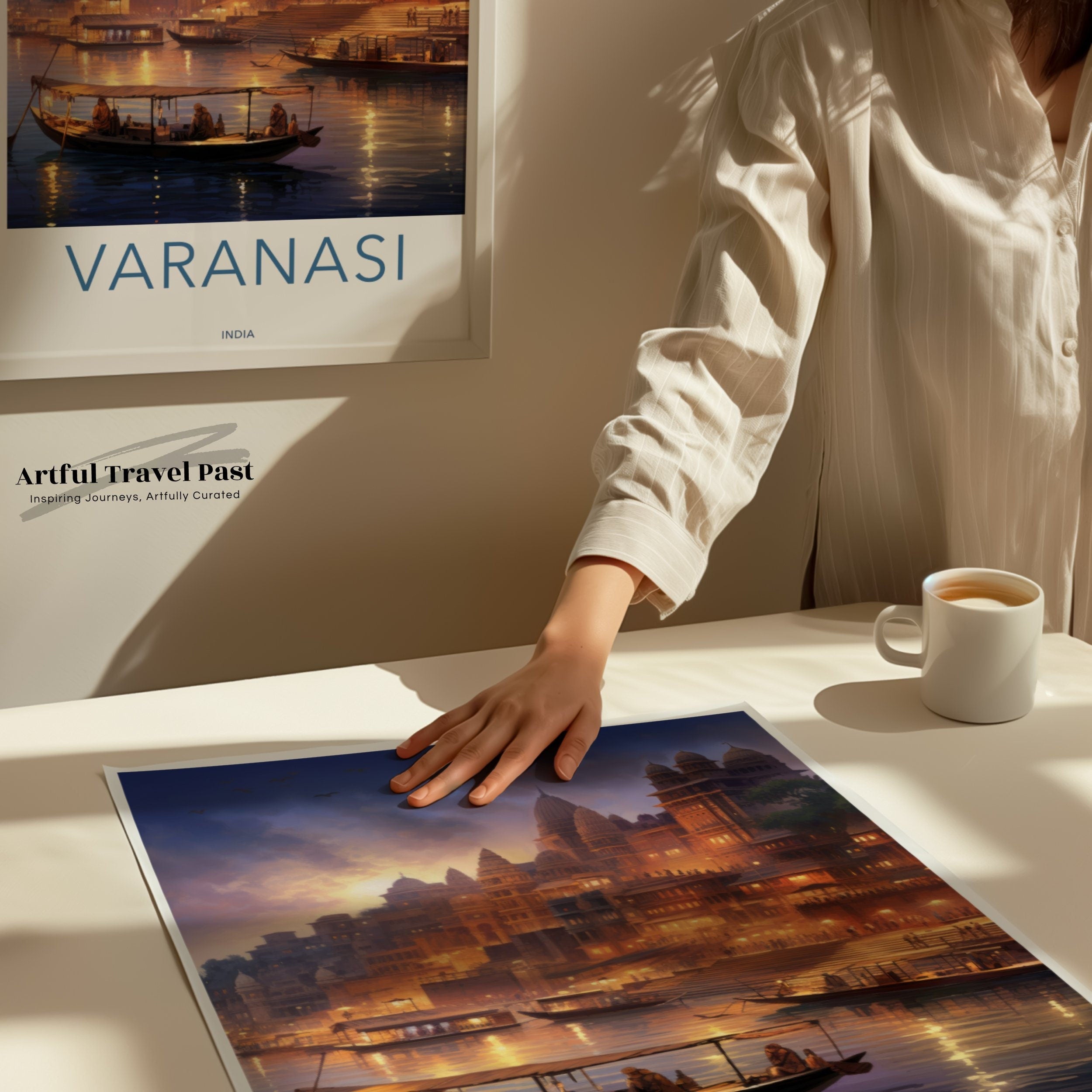 Varanasi Cityscape Wall Art, Sunset on Ganges, Ancient Temples Print, Indian Cultural Landmarks, Illuminated Waterfront Poster