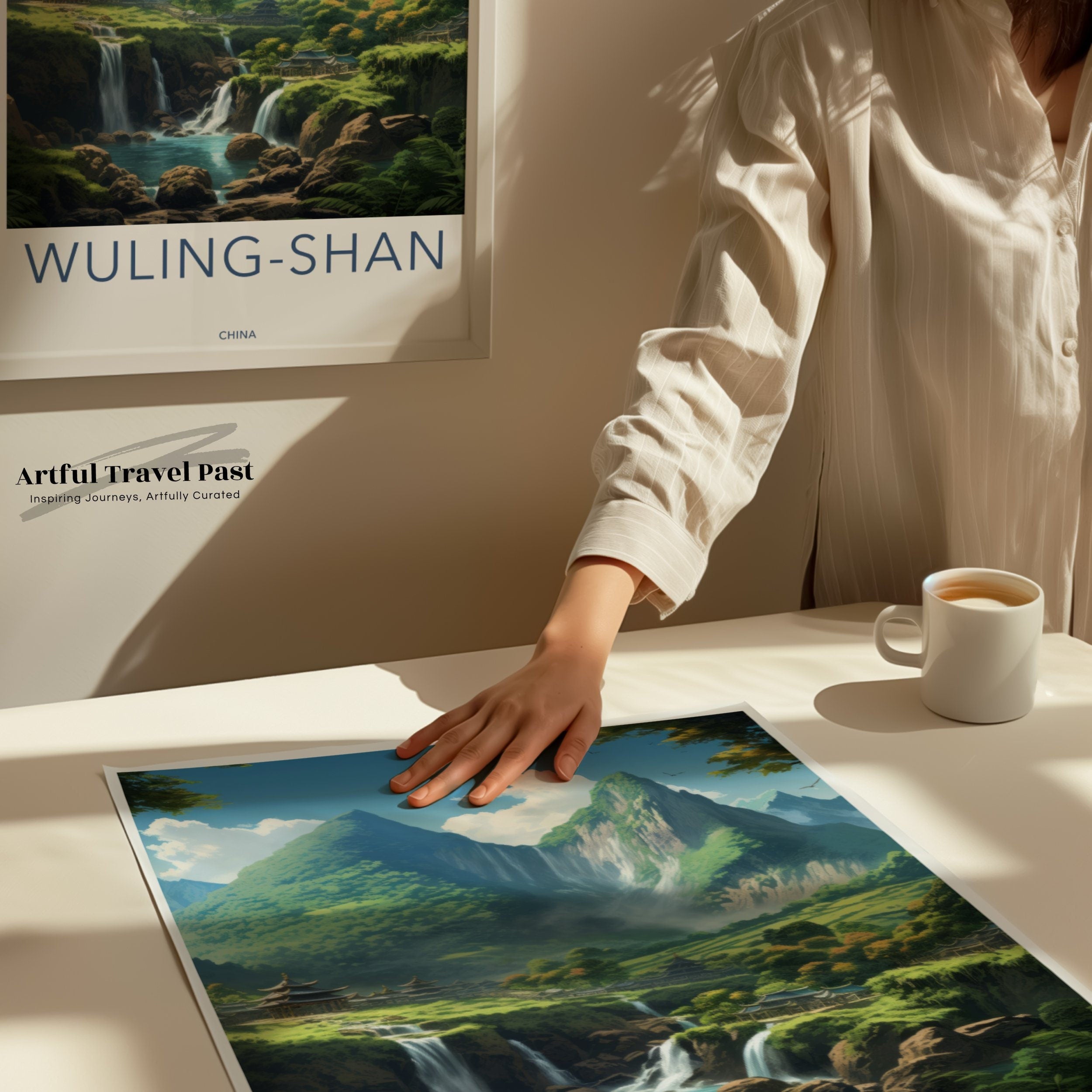 Wuling-Shan Wall Art, China Scenic Print, Mountain Waterfall Landscape, Nature Artwork, Asian Inspired Decoration, Tranquil Scenery Poster