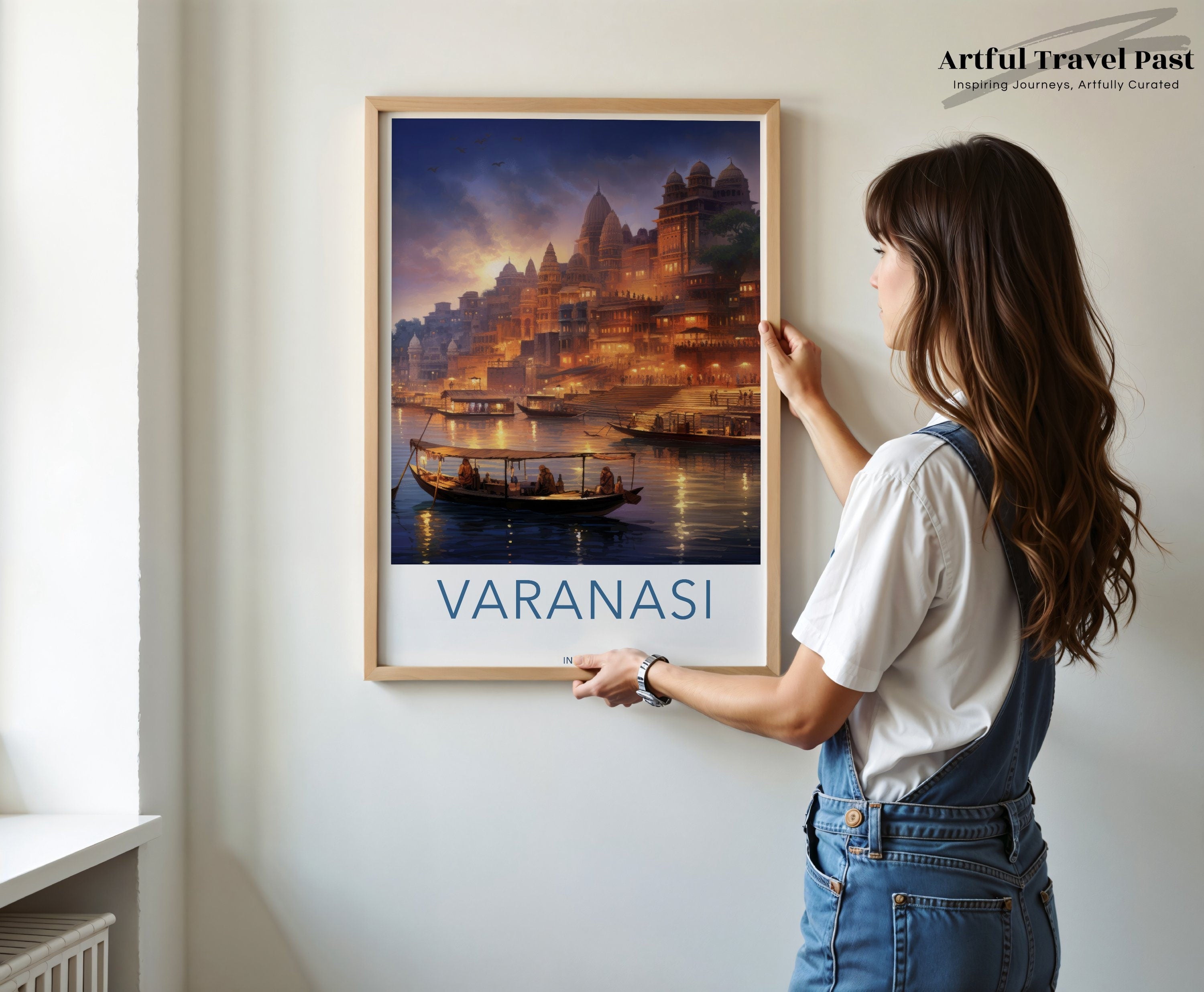 Varanasi Cityscape Wall Art, Sunset on Ganges, Ancient Temples Print, Indian Cultural Landmarks, Illuminated Waterfront Poster