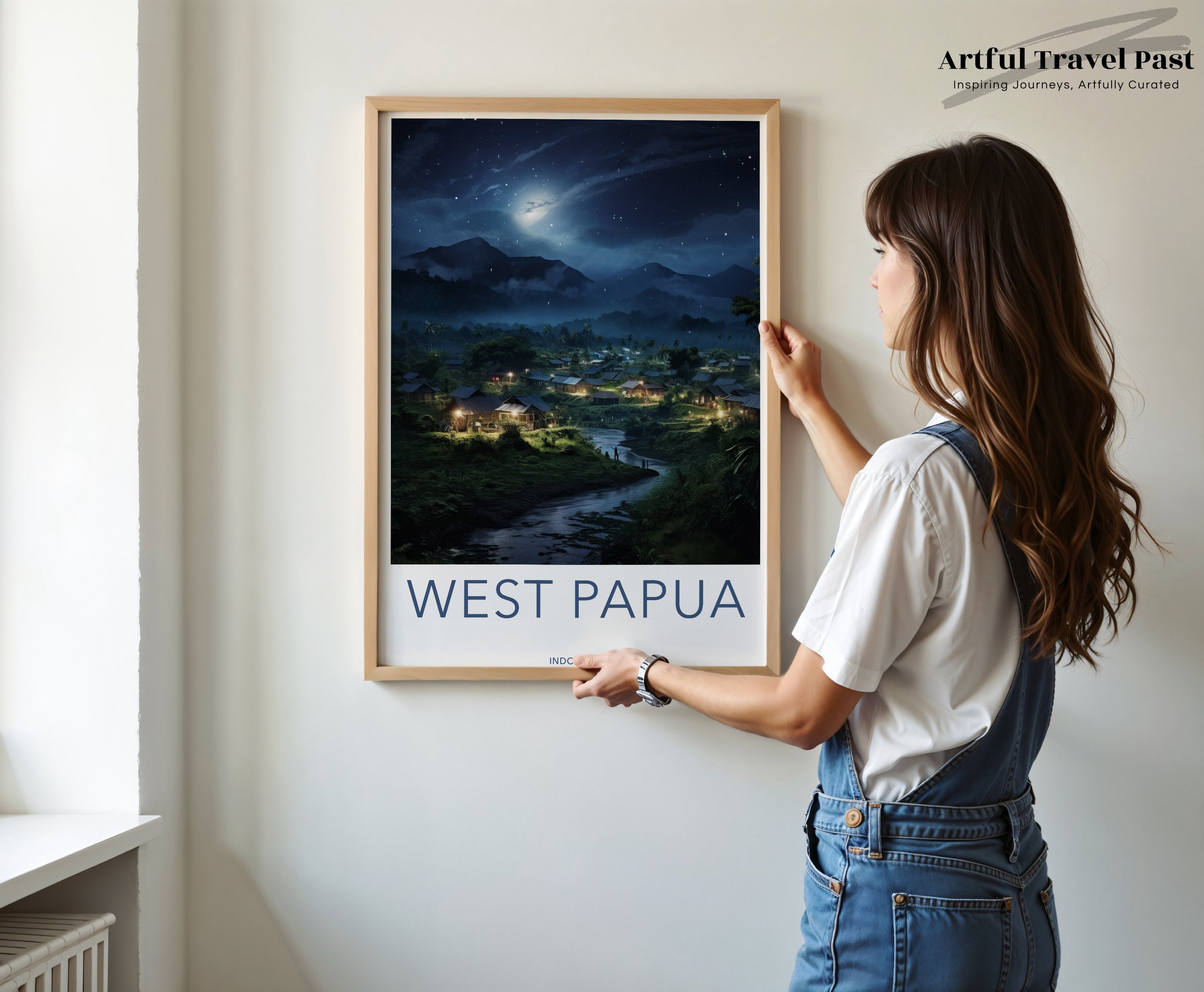 West Papua Wall Art, Night Sky Village Landscape, Indonesian Cultural Decor, Historical Context Artwork, Scenic Nature Print