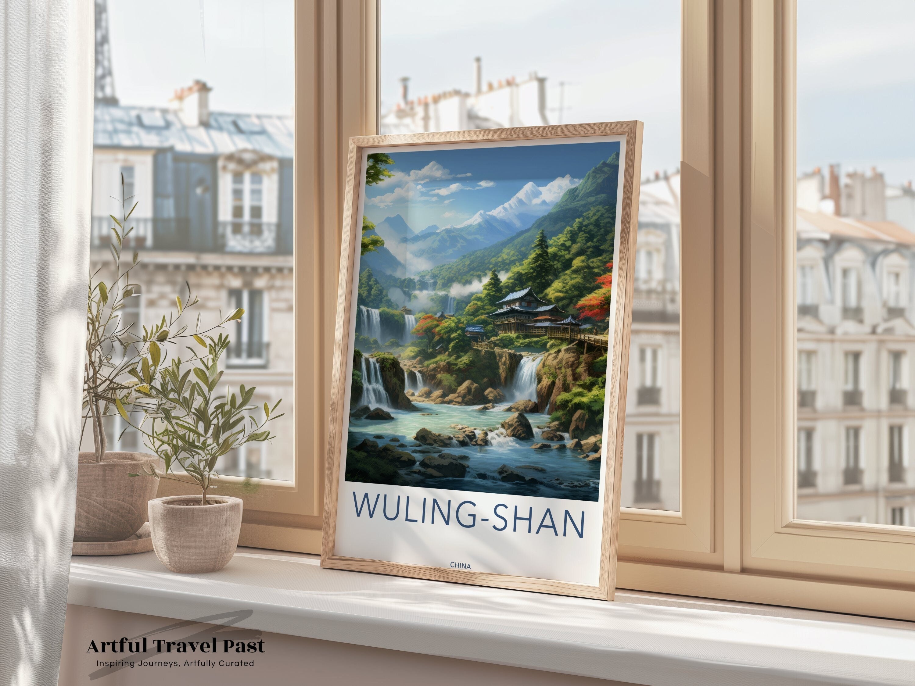 Wuling-Shan Wall Art, Scenic Chinese Mountain Landscape, Asian Inspired Home Decor, Nature Print, Waterfall Painting, Serene Wall Decor