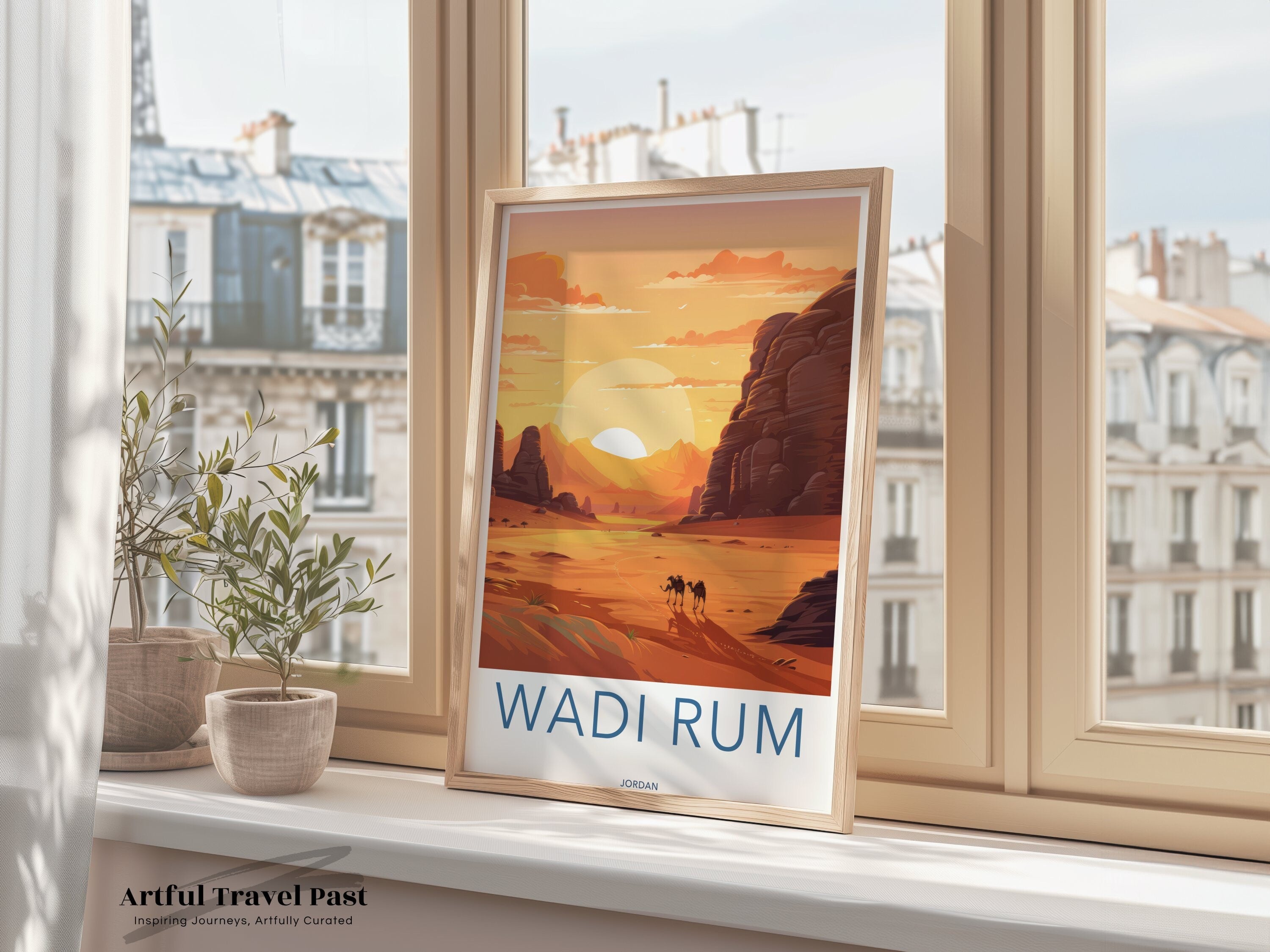 Wadi Rum Wall Art, Scenic Desert Landscape, Sunset Camel Scene, Boho Decor, Travel Poster, Vintage Style Artwork, Jordan Inspired Art