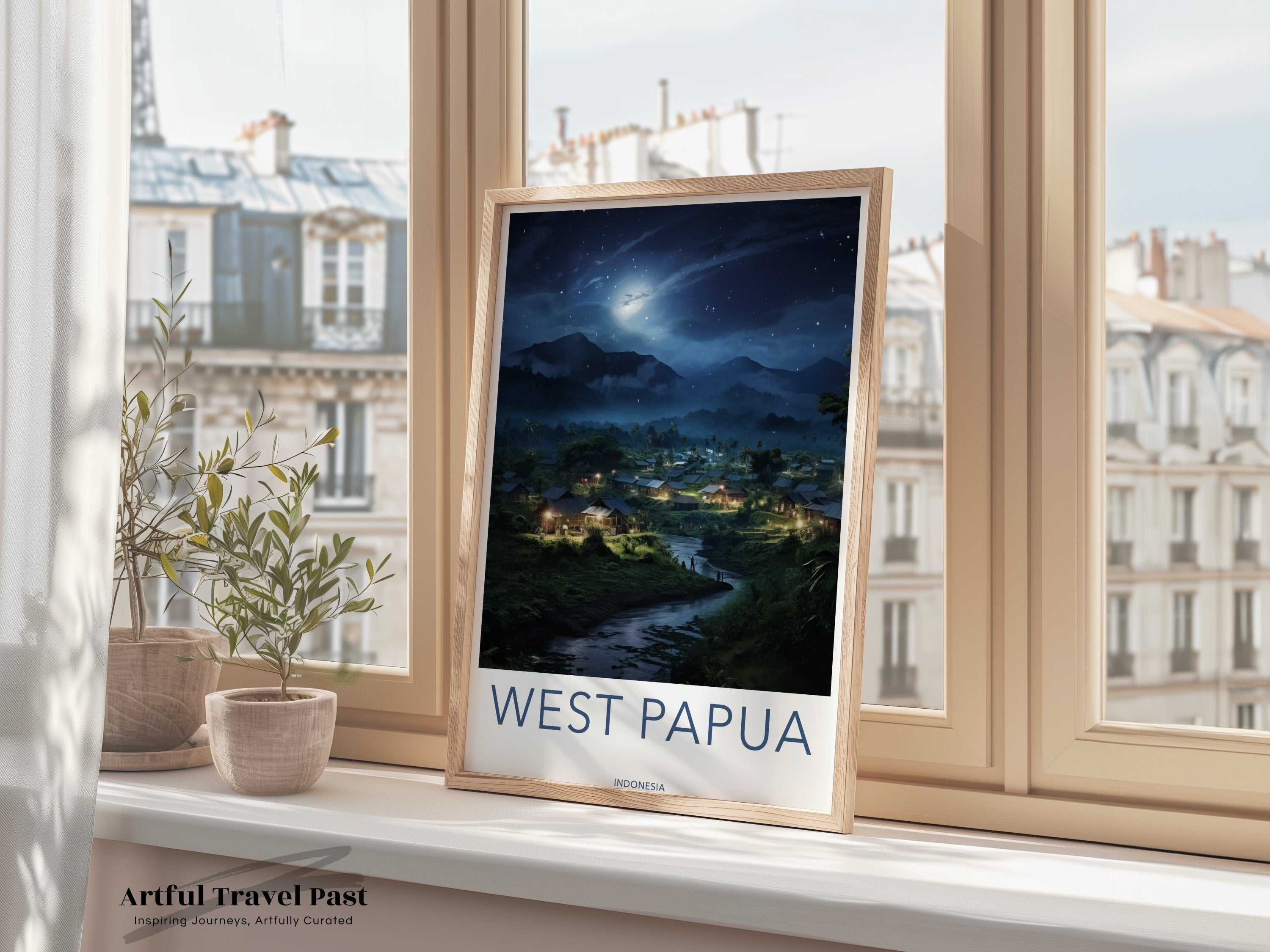 West Papua Wall Art, Night Sky Village Landscape, Indonesian Cultural Decor, Historical Context Artwork, Scenic Nature Print