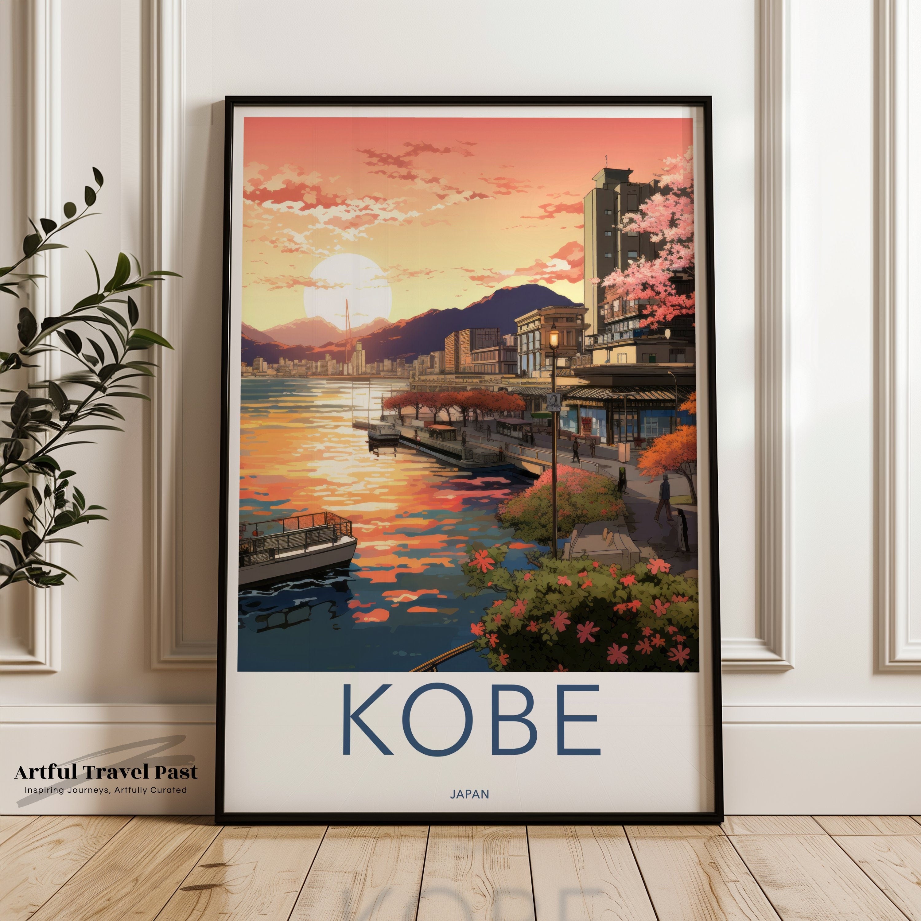 Kobe Sunset Wall Art, Kobe Cityscape Print, Japanese Coastal Decor, Scenic Art Print, Japan Travel Poster, Vibrant City Illustration