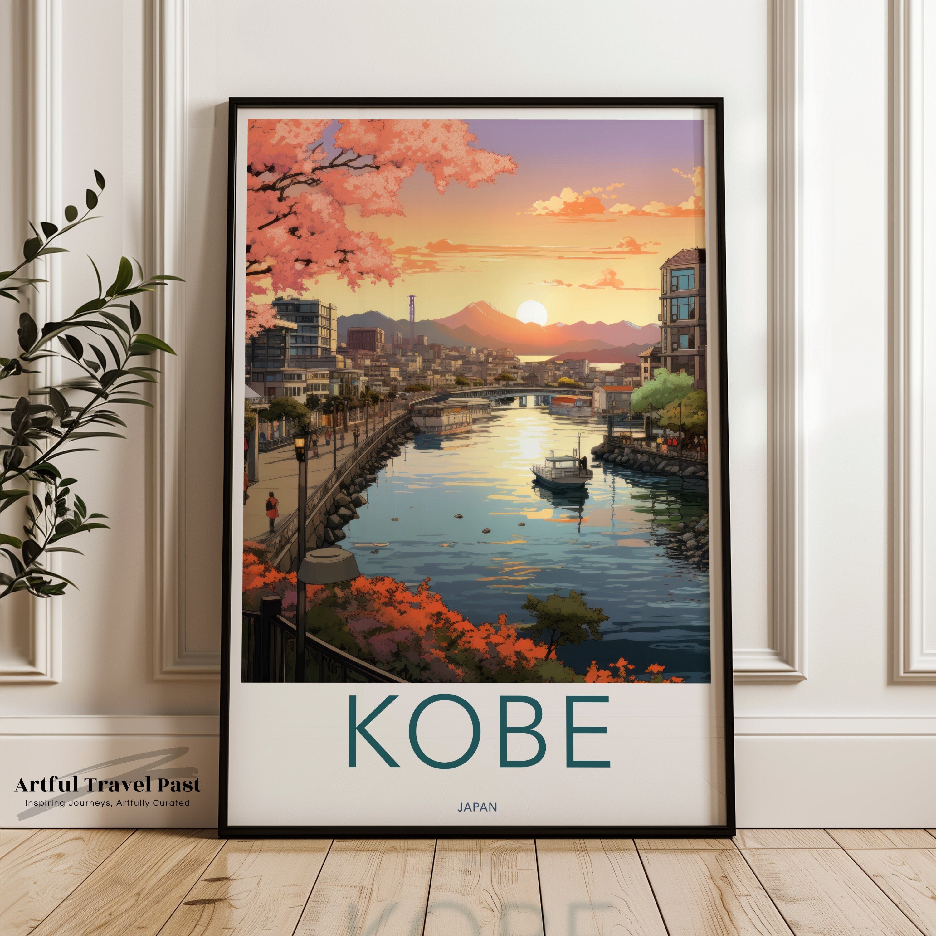 Kobe Japan Wall Art Print, Japanese Cityscape Illustration, Urban Sunset Decor, Modern Home Decor, Asian Travel Poster, Scenic Art