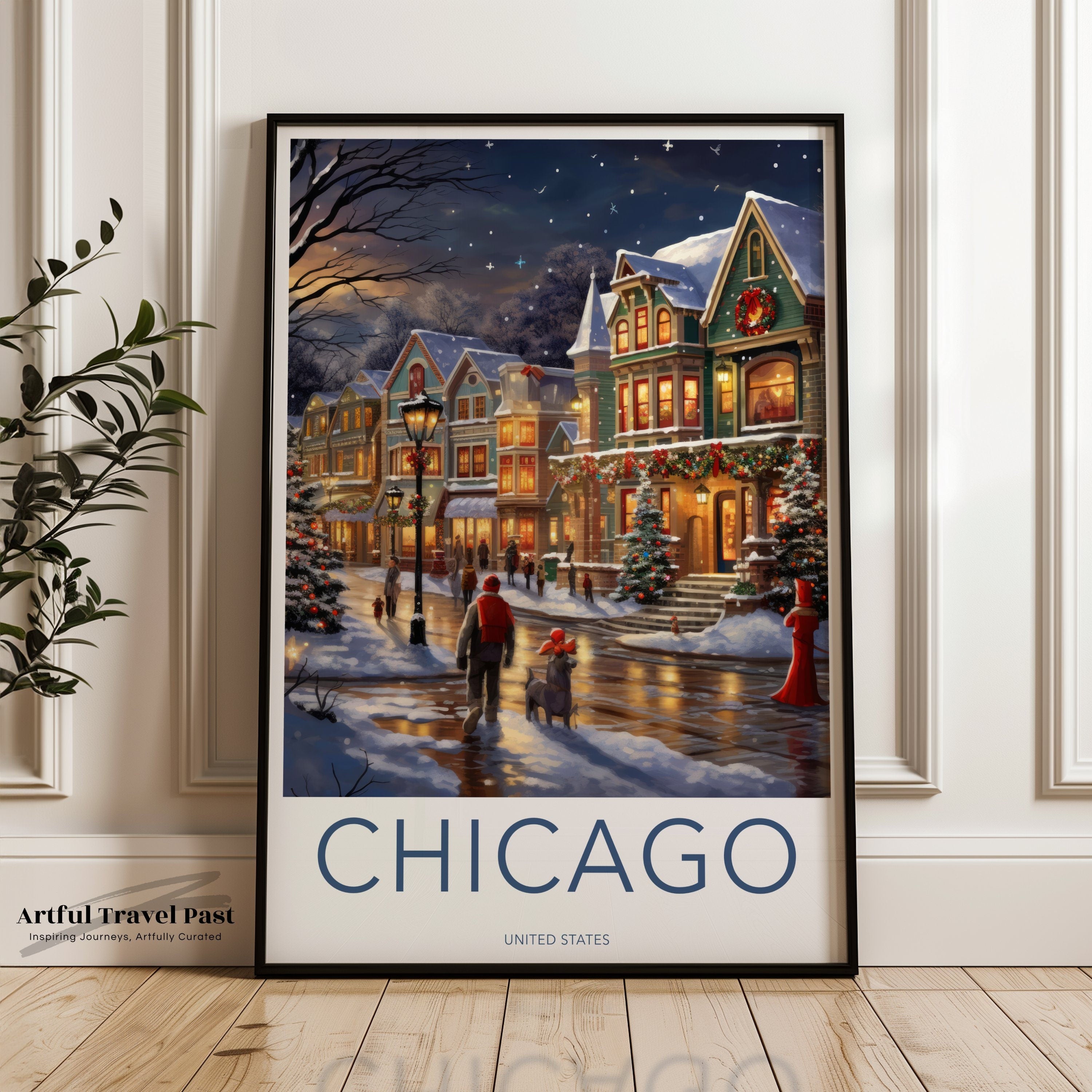 Chicago Winter Wonderland Scene, Snowy Street Art, Christmas Town Wall Decor, Festive Print, Holiday Home Decoration