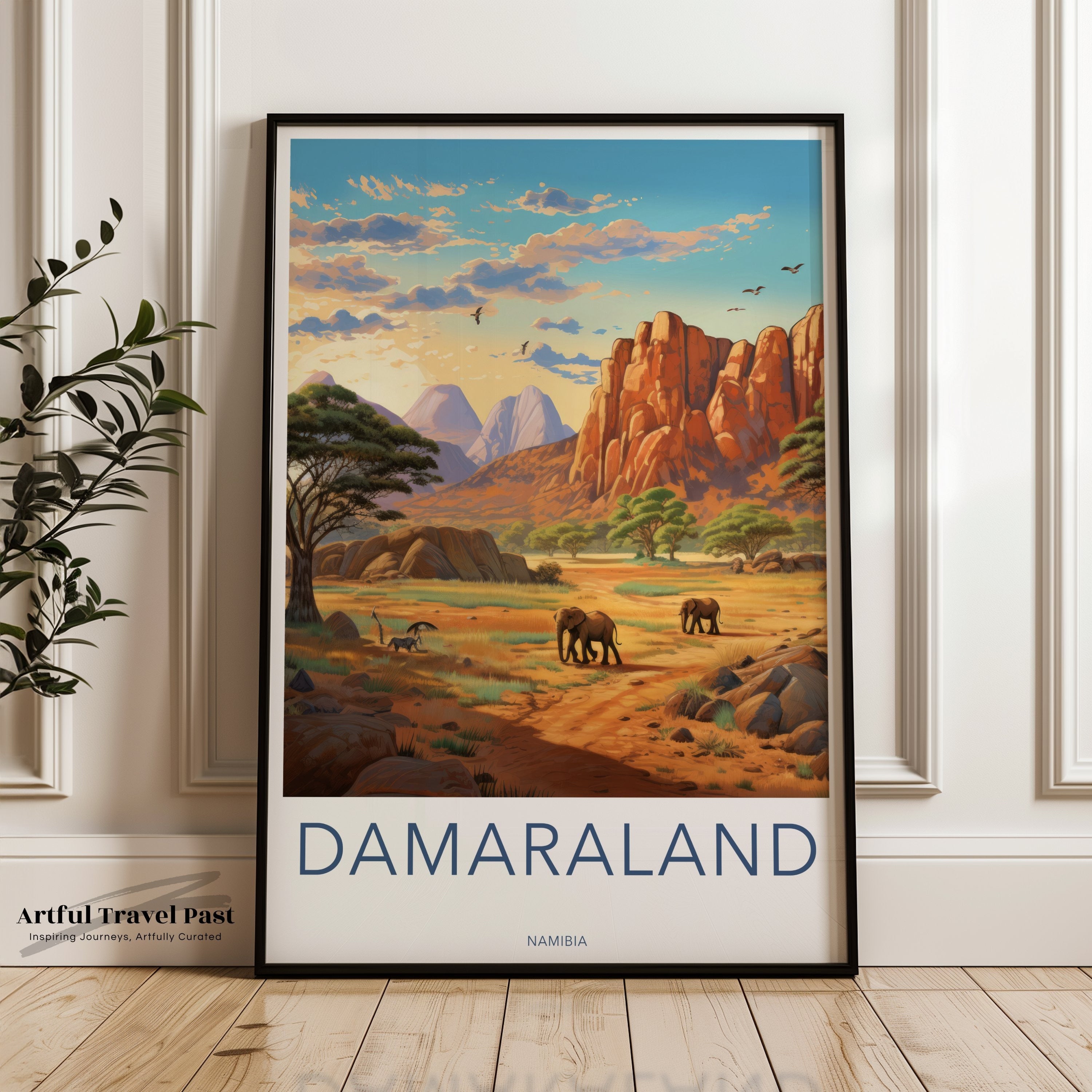 Damaraland Wall Art Print, Namibia Landscape Poster, African Wildlife Scenery, Elephant Herd Artwork, Nature Decor for Home