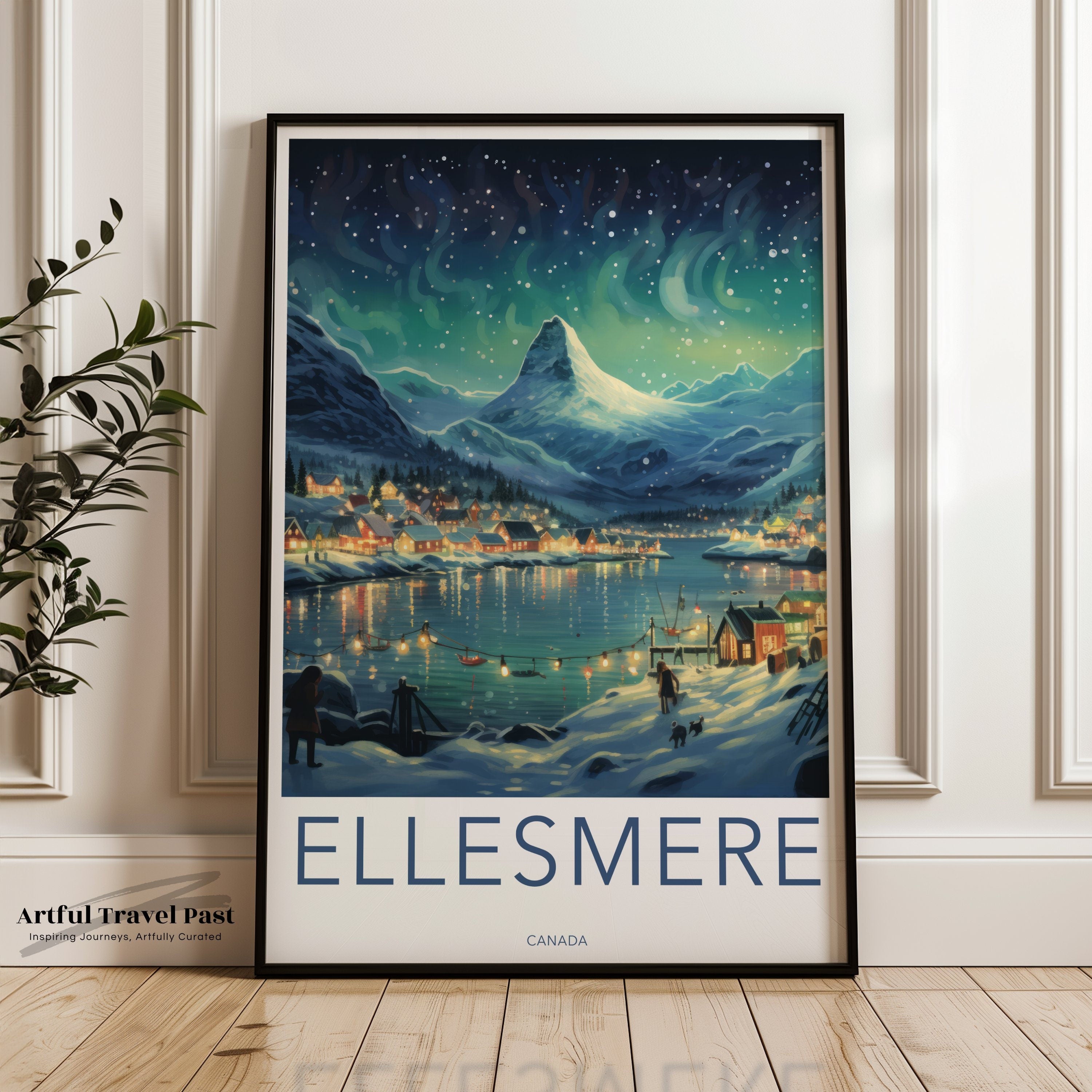 Northern Lights Over Ellesmere Poster, Scenic Winter Village Art Print, Snowy Mountain Wall Decor, Canada Landscape Artwork