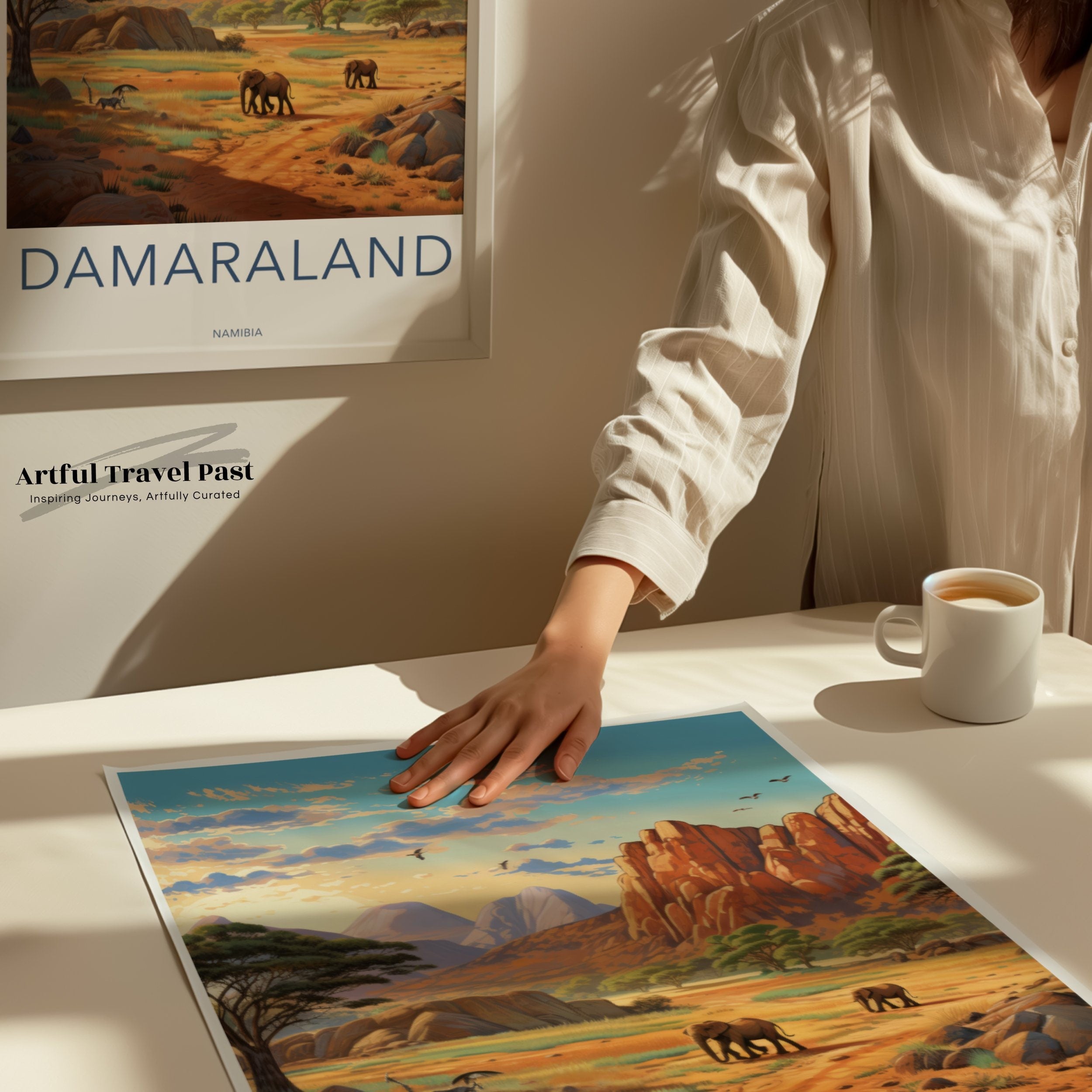 Damaraland Wall Art Print, Namibia Landscape Poster, African Wildlife Scenery, Elephant Herd Artwork, Nature Decor for Home