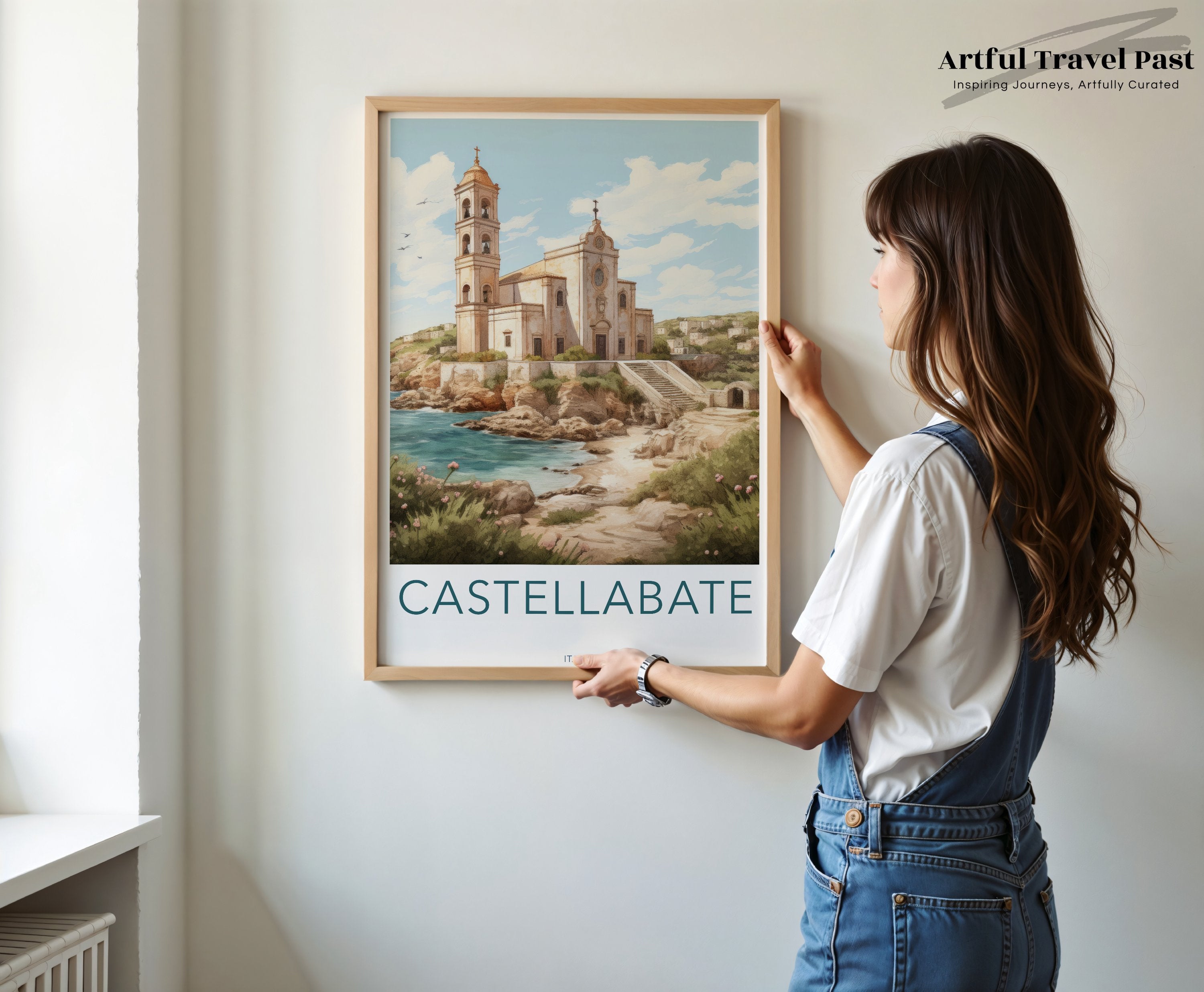 Castellabate Illustration, Italian Coastal Town Art, Scenic Wall Decor, Mediterranean Architecture Print, Beach Landscape Poster