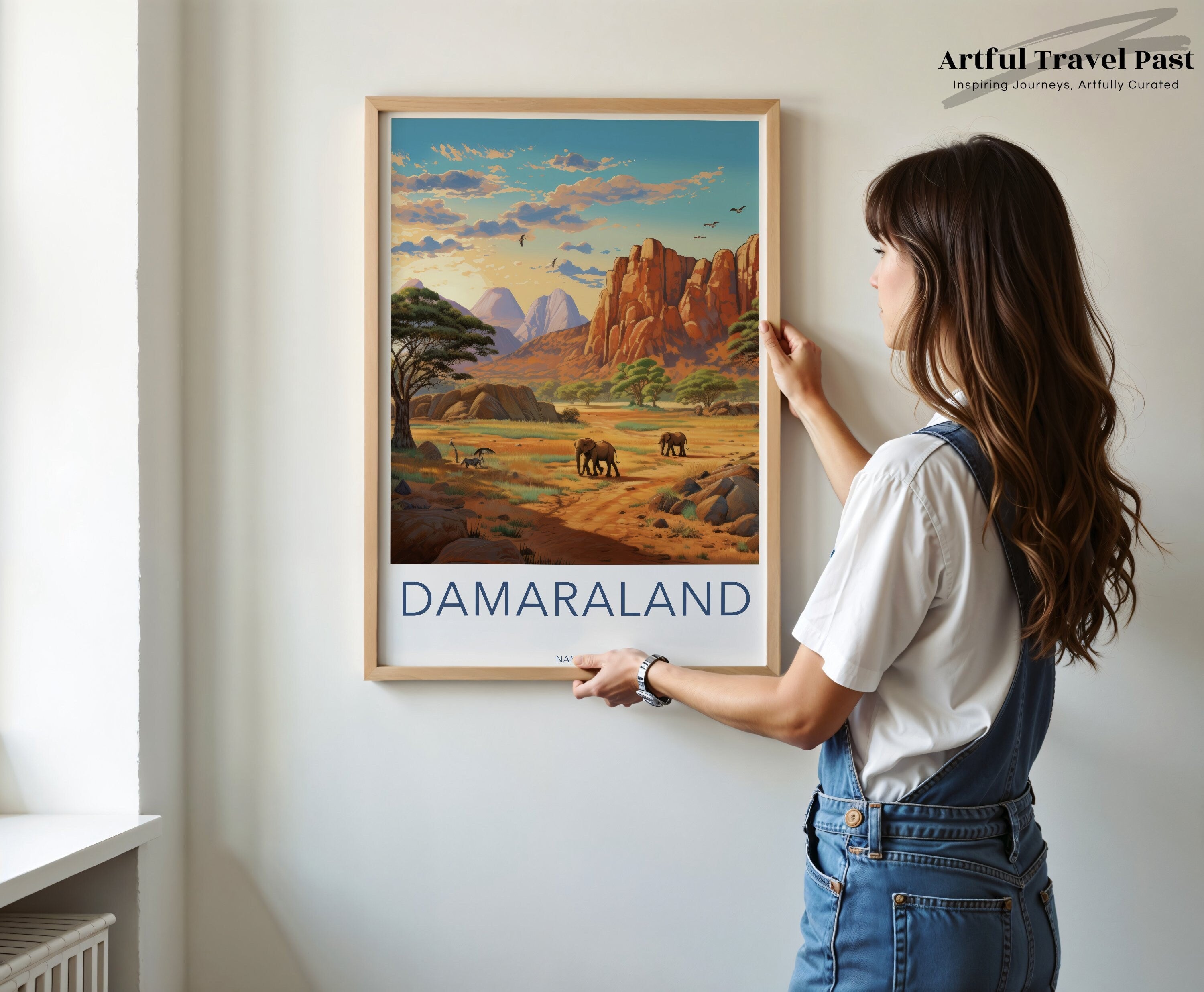 Damaraland Wall Art Print, Namibia Landscape Poster, African Wildlife Scenery, Elephant Herd Artwork, Nature Decor for Home