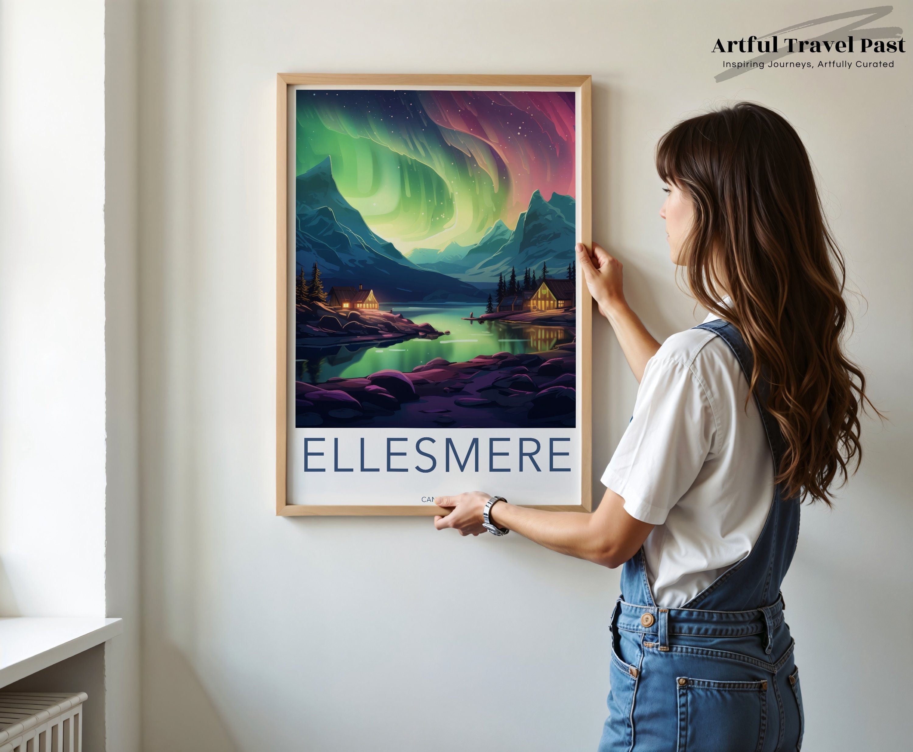 Northern Lights over Ellesmere, Lakeside Mountain View, Night Sky Art Print, Cozy Cabin Wall Decor, Scenic Landscape Poster Art