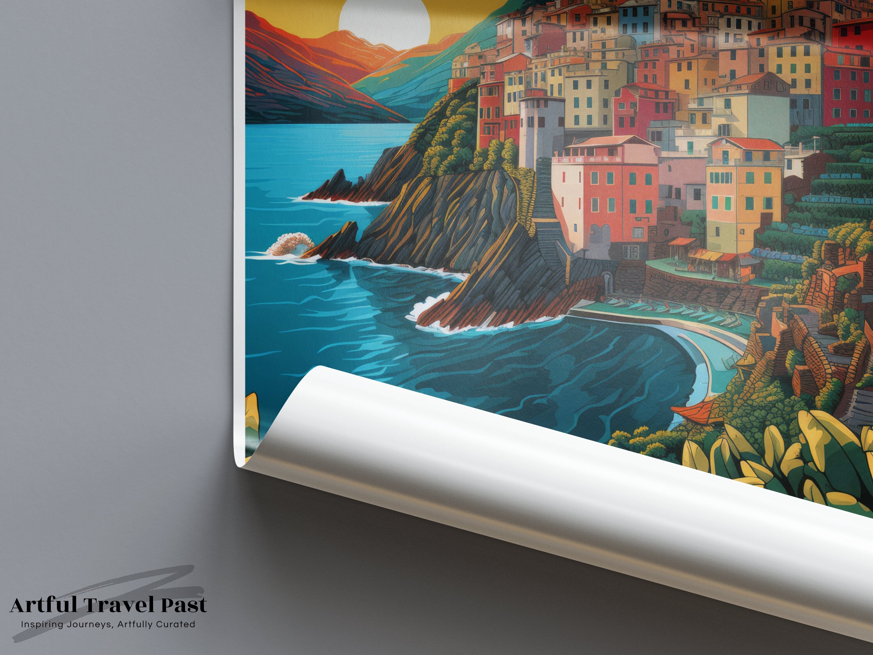 Cinque Terre Wall Art, Italian Coastal Village Print, Vibrant Sunset Landscape, Mediterranean Seaside Artwork, Travel Decor