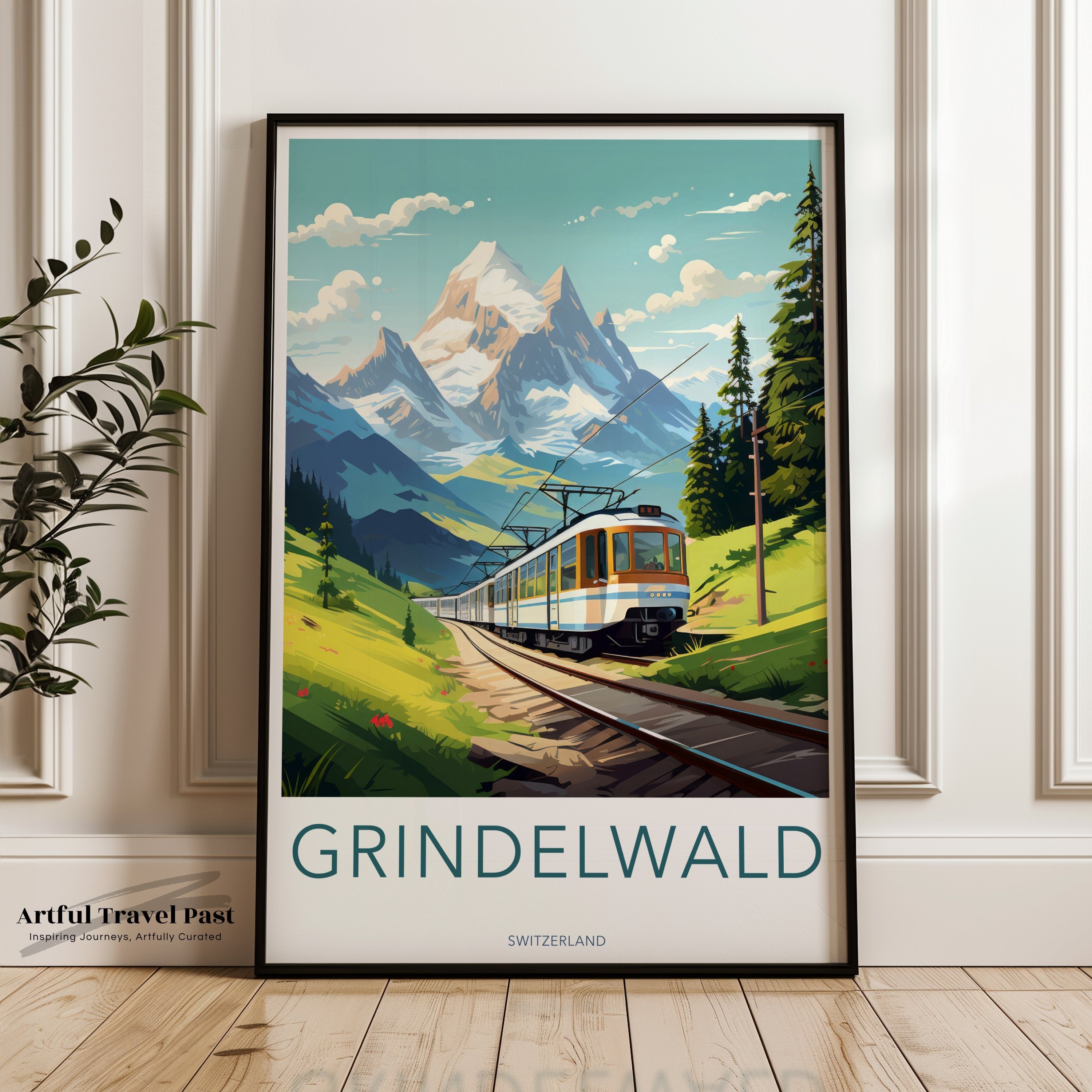 Vintage Grindelwald Travel Poster, Swiss Alps Train Landscape, Retro Wall Art, Switzerland Mountain View Print